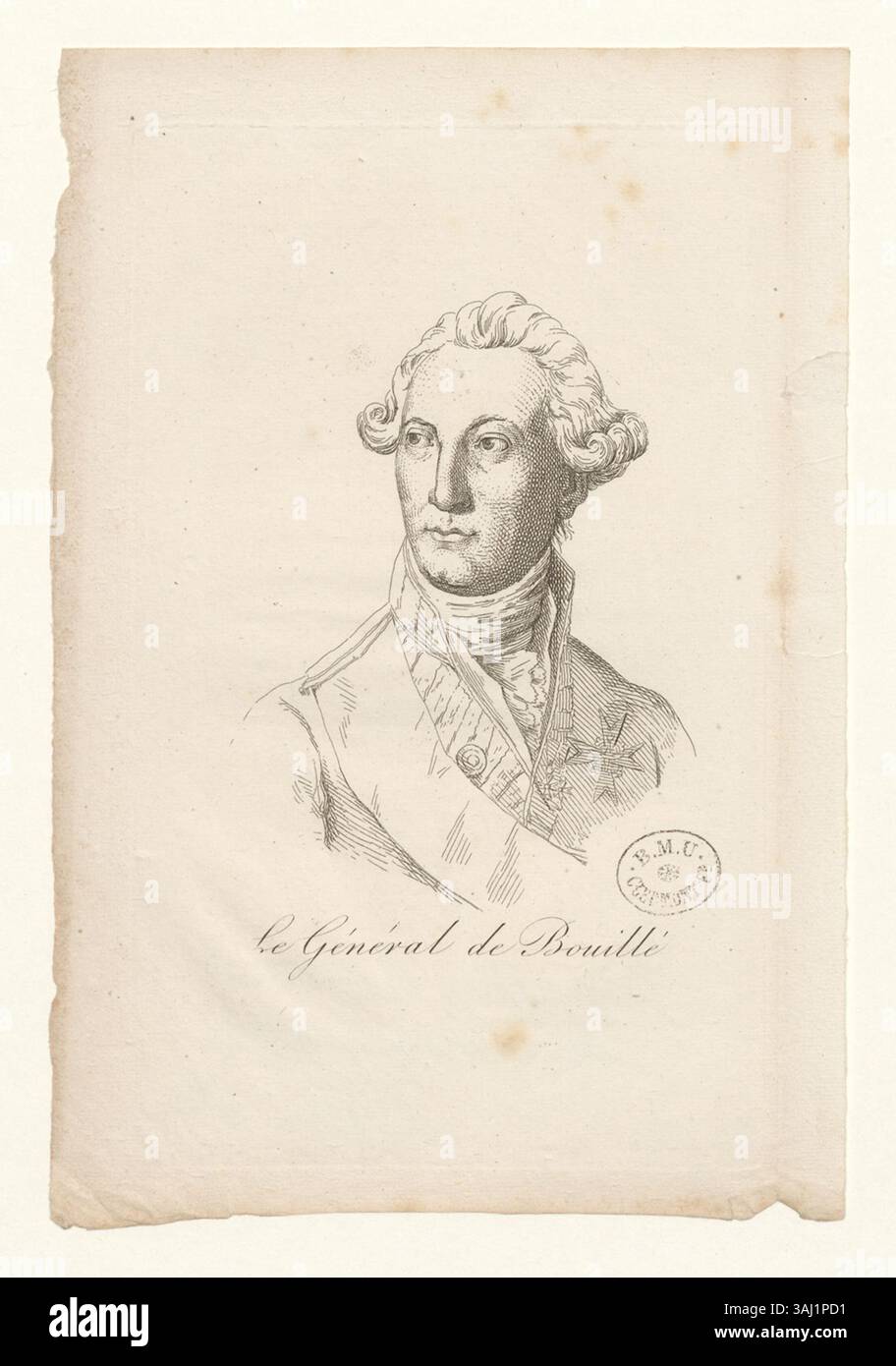 Tiefdruck aus der Sammlung Boyer, der Francois Claude Amour, Marquis de Bouillé, einen bedeutenden französischen Militärführer während der Französischen Revolution und der Feldzüge der Royalisten darstellt. Stockfoto