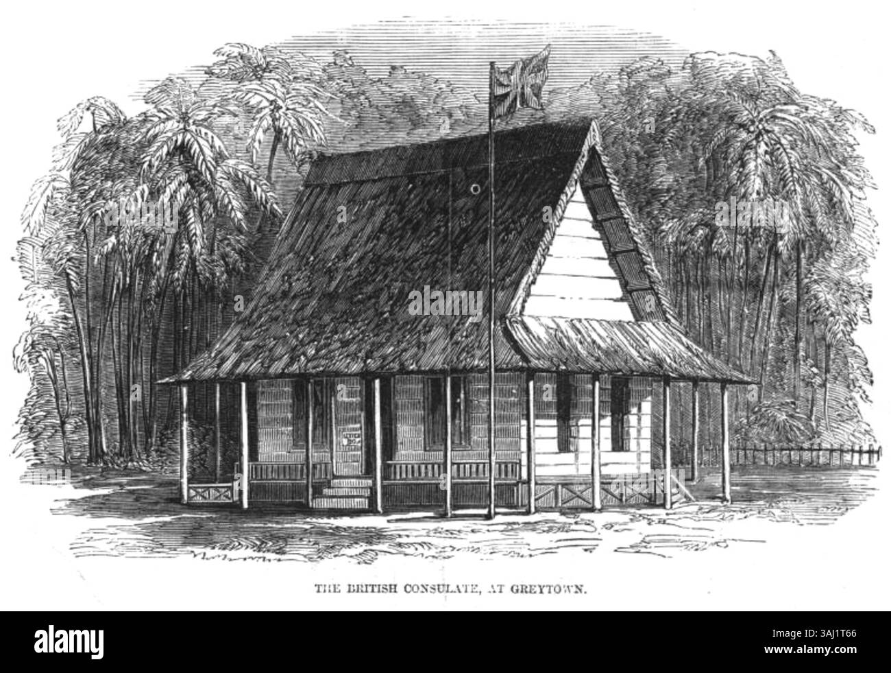 Der Holzstich „The British Consulate at Greytown“ aus dem Jahr 1857 zeigt das britische Konsulatgebäude mit einem Briefkasten im Vordergrund. Diese Illustration gibt einen Einblick in die diplomatische Präsenz des 19. Jahrhunderts in Zentralamerika. Stockfoto