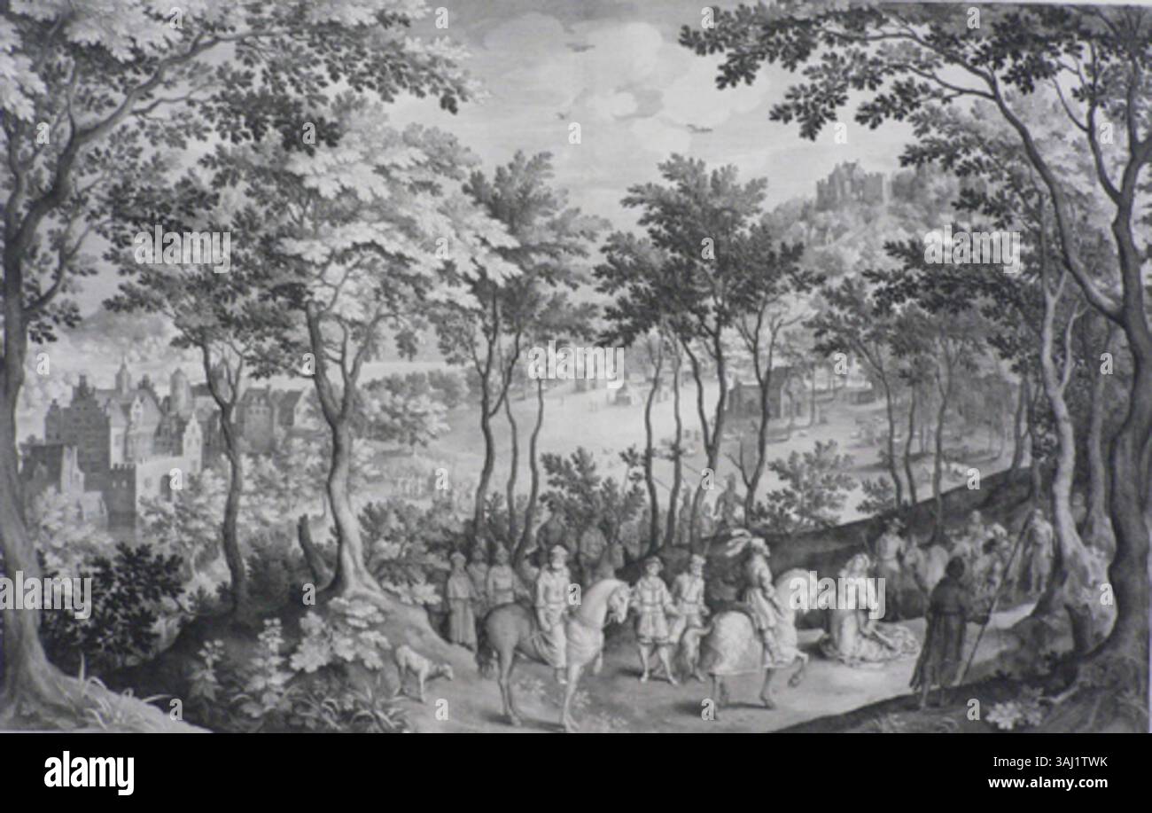 Druck von Nicolaes de Bruyn (1571–1656), der die biblische Szene von Abigail darstellt, die sich vor König David präsentiert. Dieses 1608 entstandene Kunstwerk zeigt biblische Geschichten durch feine Gravuren. Stockfoto