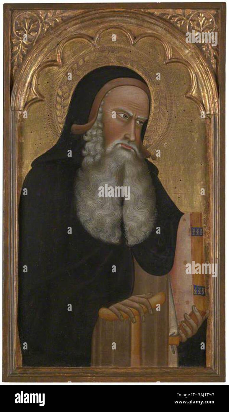 Giovanni di Nicolas „Abt des Heiligen Antonius“ ist ein religiöses Gemälde aus dem 14. Jahrhundert, das den Heiligen Antonius, auch bekannt als Schutzpatron der Tiere und Heilung, darstellt und zwischen 1348 und 1352 entstand. Das Werk spiegelt die mittelalterliche Hingabe an das klösterliche Leben und die christliche Ikonographie wider. Stockfoto