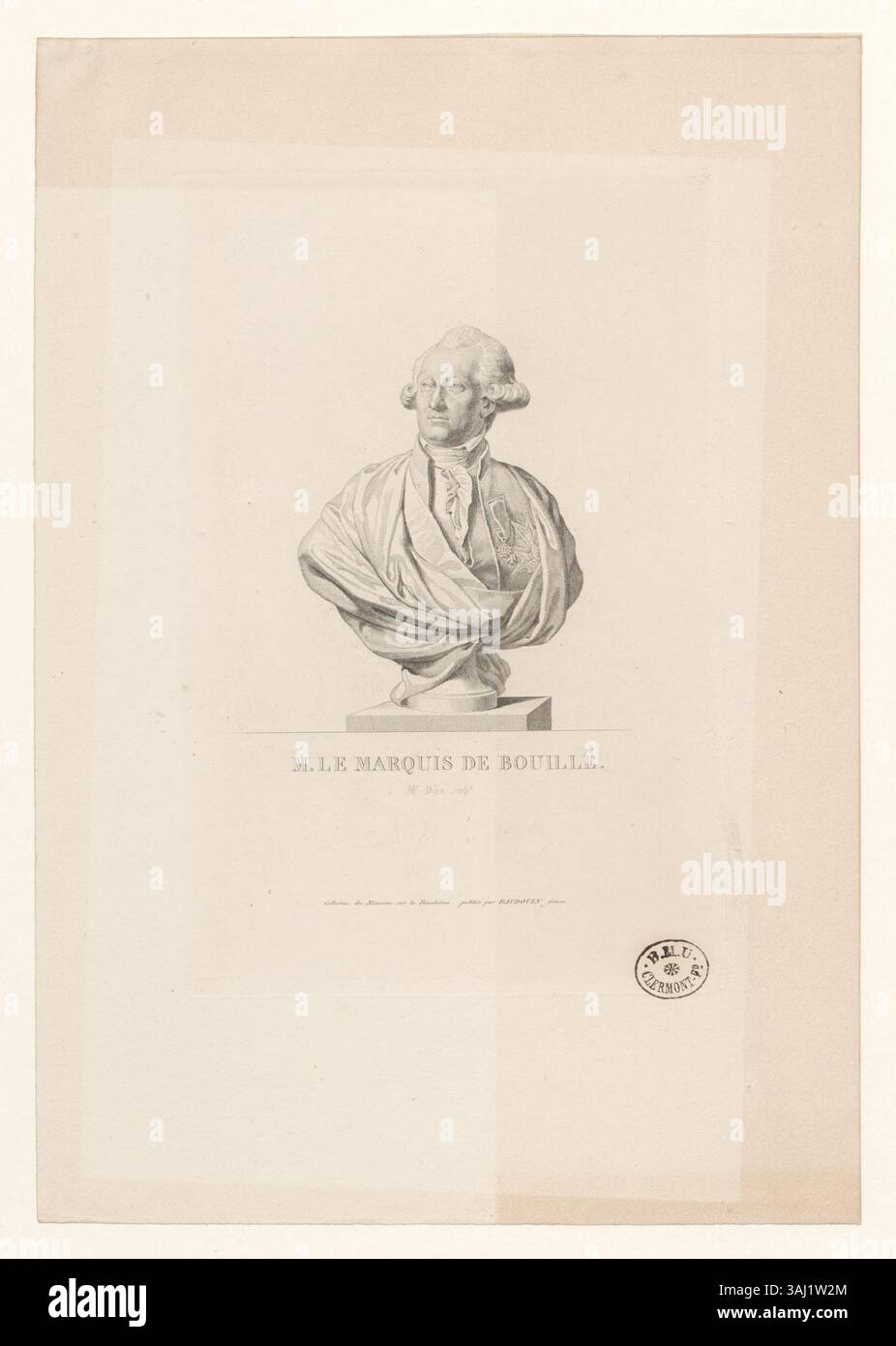 Tiefdruck aus der Sammlung Boyer, der Francois Claude Amour, Marquis de Bouillé, bekannt für seinen Dienst als Militäroffizier und seine Rolle in der royalistischen Sache während der Französischen Revolution darstellt. Stockfoto