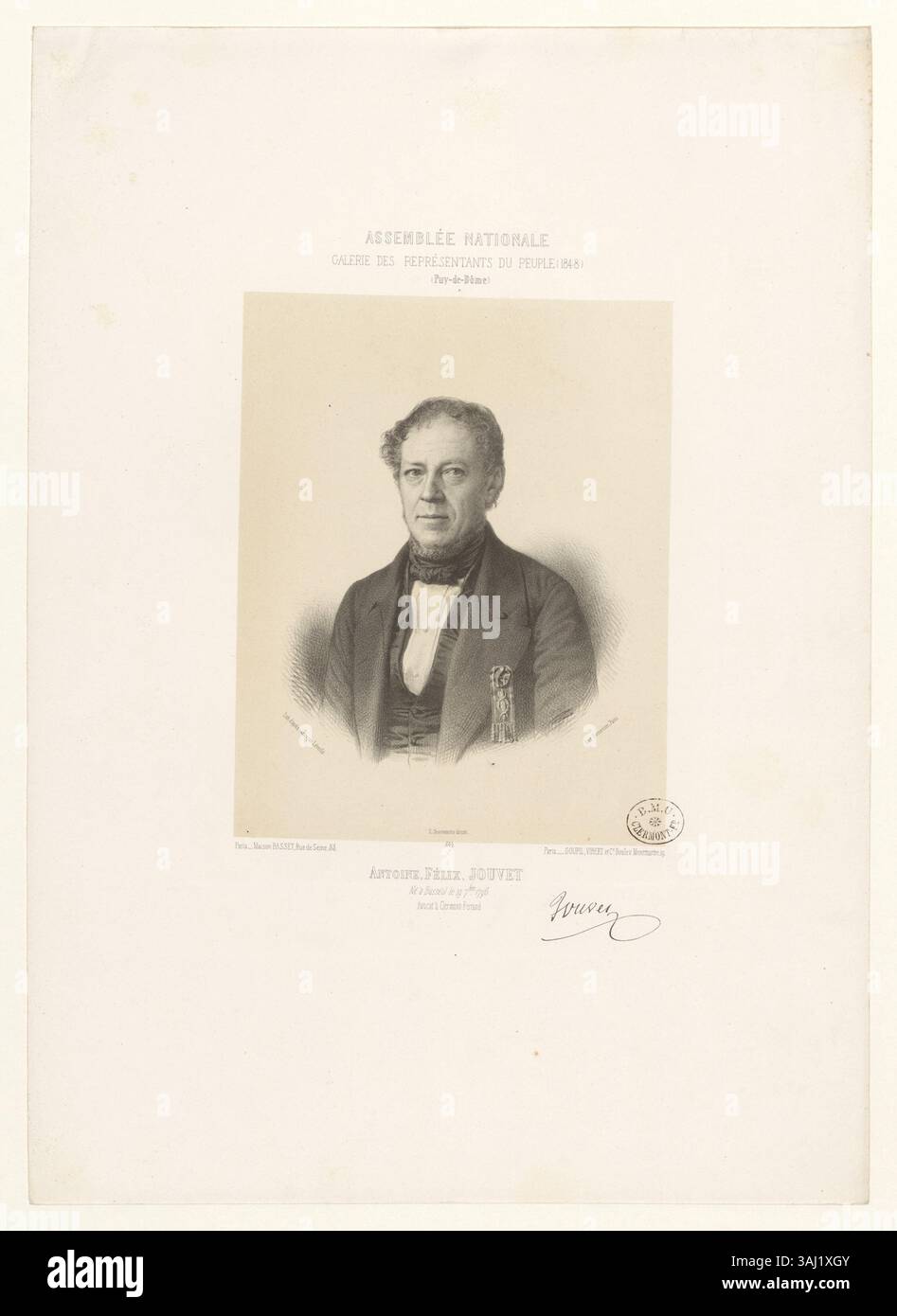 Antoine Félix Jouvet, geboren 1796 in Busséol, Frankreich, war Rechtsanwalt in Clermont-Ferrand. Diese Lithografie fängt sein Gleichnis in Anerkennung seiner Beiträge zum Rechtsberuf ein. Stockfoto