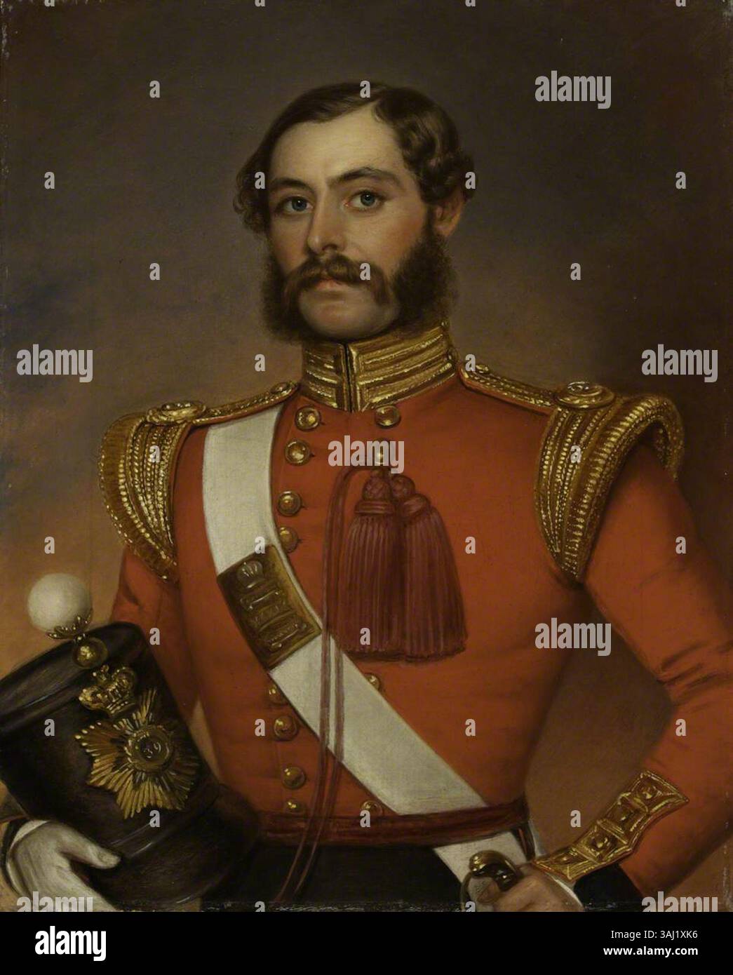 Porträt von Leutnant William Munro (1818–1880), gemalt um 1844. Munro diente im 39. (Dorsetshire) Regiment of Foot, mit Militärdienst in Indien, Kanada, Westindien und auf der Krim. Er war auch Botaniker, der an verschiedenen Militärstationen botanische Gärten errichtete, was maßgeblich zur Erforschung lokaler Pflanzen beitrug. Dieses Gemälde unterstreicht seine Doppelkarriere im Militär und in der Botanik. Stockfoto