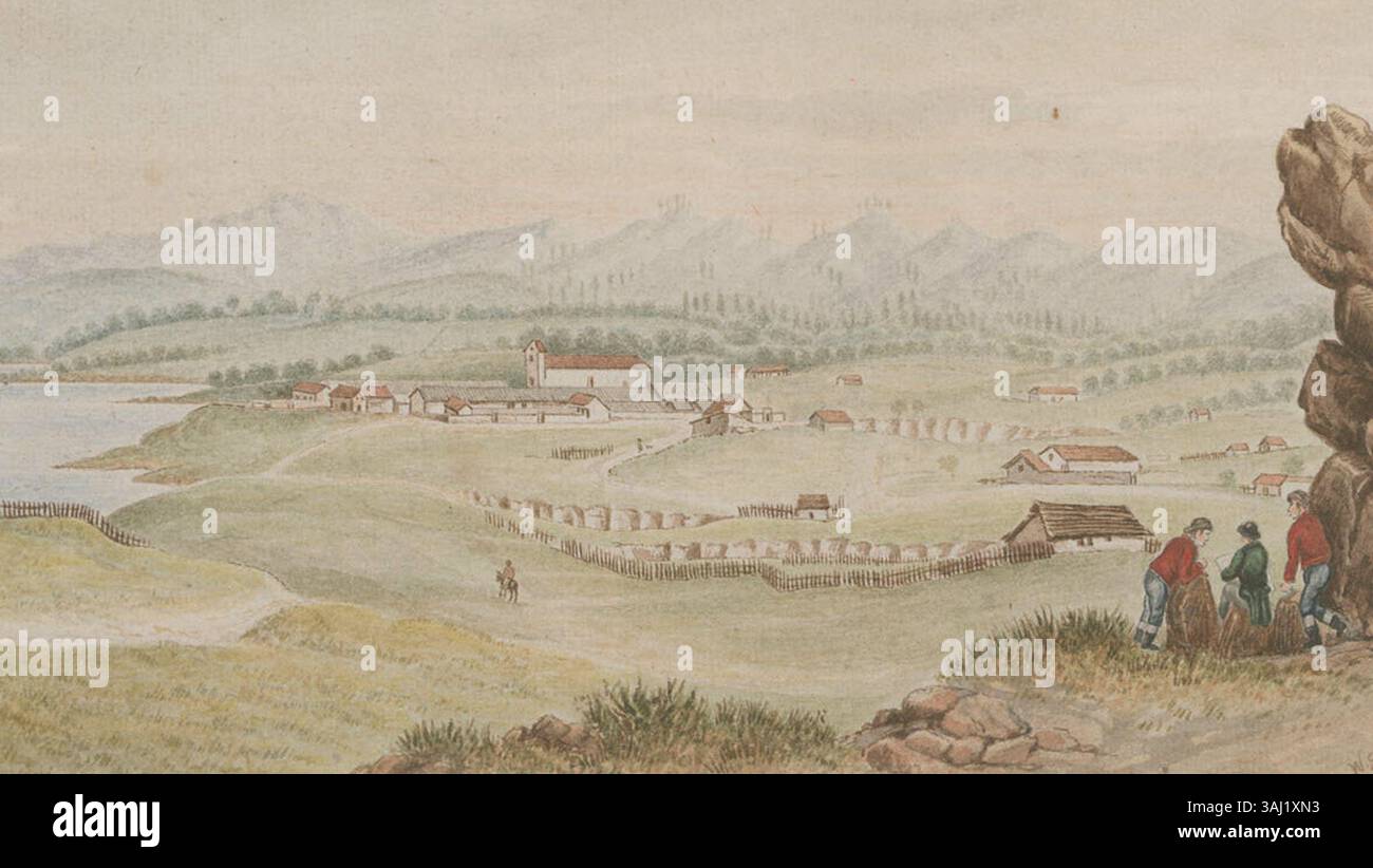 Aquarellgemälde von William Smyth, das das Presidio und Pueblo von Monterey, Kalifornien, 1827 darstellt. Die Arbeit misst 20,3 x 31,6 cm. Stockfoto