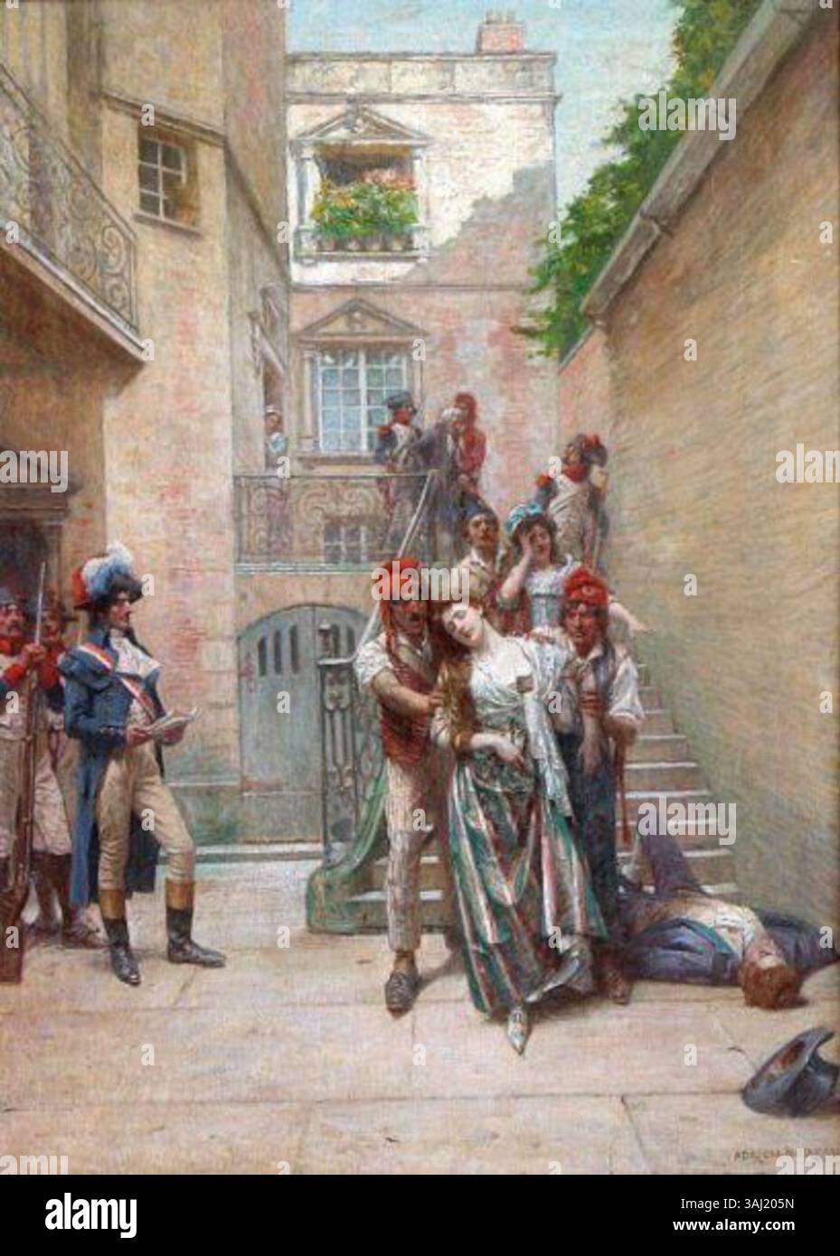 Adrien Moreys „Une arrestation sous la Terreur“ aus dem 19. Jahrhundert beschreibt die angespannte Atmosphäre während der Herrschaft des Terrors der Französischen Revolution. Das Ölgemälde zeigt eine dramatische Verhaftung, die sich auf die Angst und Dringlichkeit der Zeit konzentriert. Stockfoto