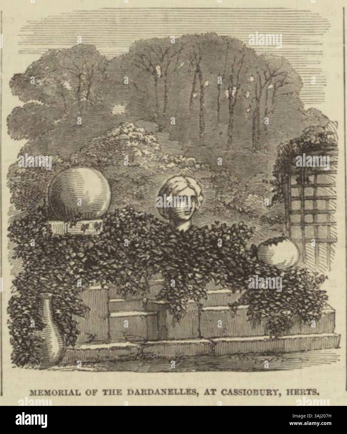 Die Gedenkstätte der Dardanellen in Cassiobury, Herts, erinnert an die historischen Ereignisse von 1807. Zwei Granitkugeln, die von der Burg von Abydos auf den Dardanellen in die britische Fregatte Endymion gefeuert wurden, sind in den Gärten von Cassiobury, der Heimat des Earl of Essex, erhalten. Das Denkmal enthält Inschriften, die die historische Bedeutung der Schüsse markieren. Stockfoto