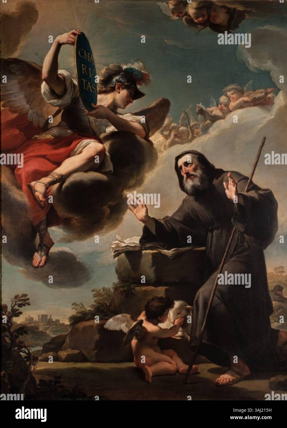 „Vision of St. Franziskus von Paola“ (um 1778) von Ubaldo Gandolfi, ein Öl auf Leinwand, zeigt den heiligen, der eine Vision erhält, und unterstreicht die Fähigkeit des Künstlers, religiöse Hingabe mit emotionaler Intensität zu vermitteln. Stockfoto