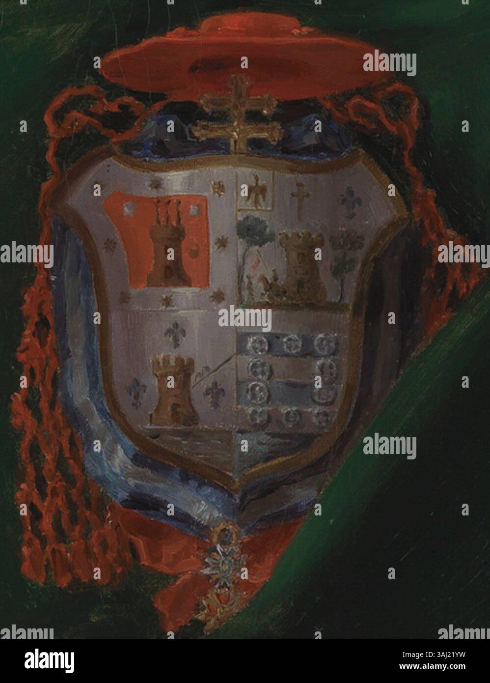 Dieses Porträt von Matías Moreno aus dem Jahr 1877 zeigt Pedro Inguanzo Rivero, Kardinal der katholischen Kirche, mit seinem Wappen. Das Ölgemälde hebt seine kirchliche Rolle und sein edles Erbe hervor und spiegelt spanische Porträts aus dem 19. Jahrhundert wider. Stockfoto