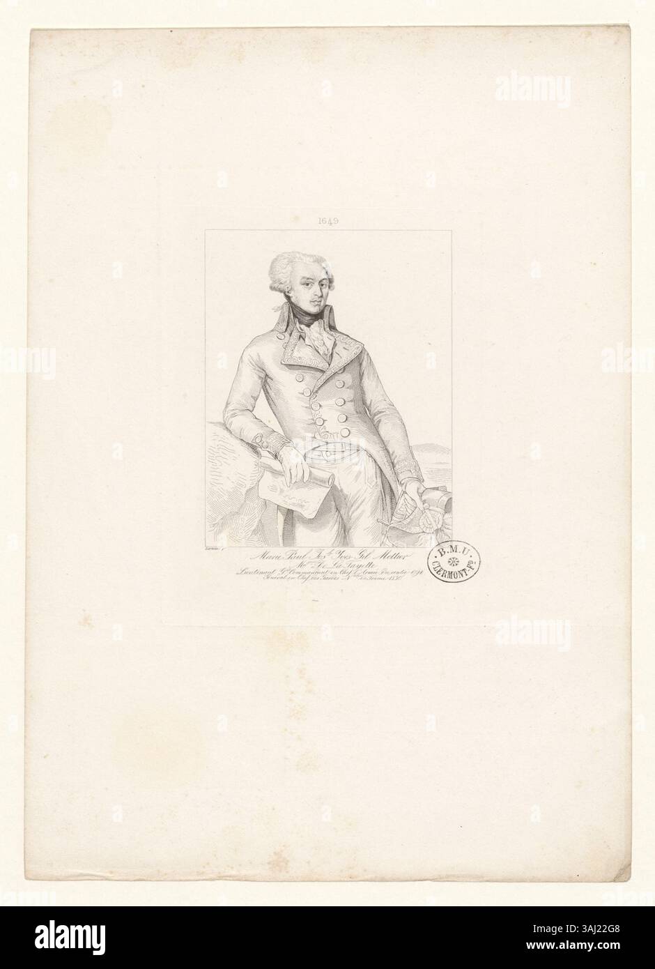 Ein Tiefdruck von Gilbert du Motier, Marquis de Lafayette, dargestellt als prominente Militärfigur, zeigt seine Führungsrollen während der Französischen Revolution. Der Abdruck zeigt seinen hohen Rang in der Armee und der Nationalgarde. Stockfoto