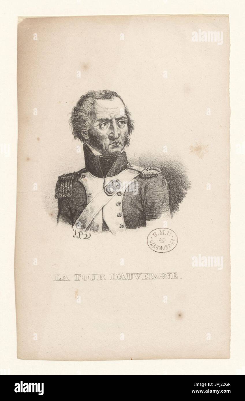 Diese Lithografie von Théo Corret zeigt La Tour d’Auvergne, eine einflussreiche Militärfigur in Frankreich, die für seine Beiträge während der Französischen Revolution in Erinnerung blieb. Sein Vermächtnis wird durch diesen feinen lithografischen Druck festgehalten. Stockfoto