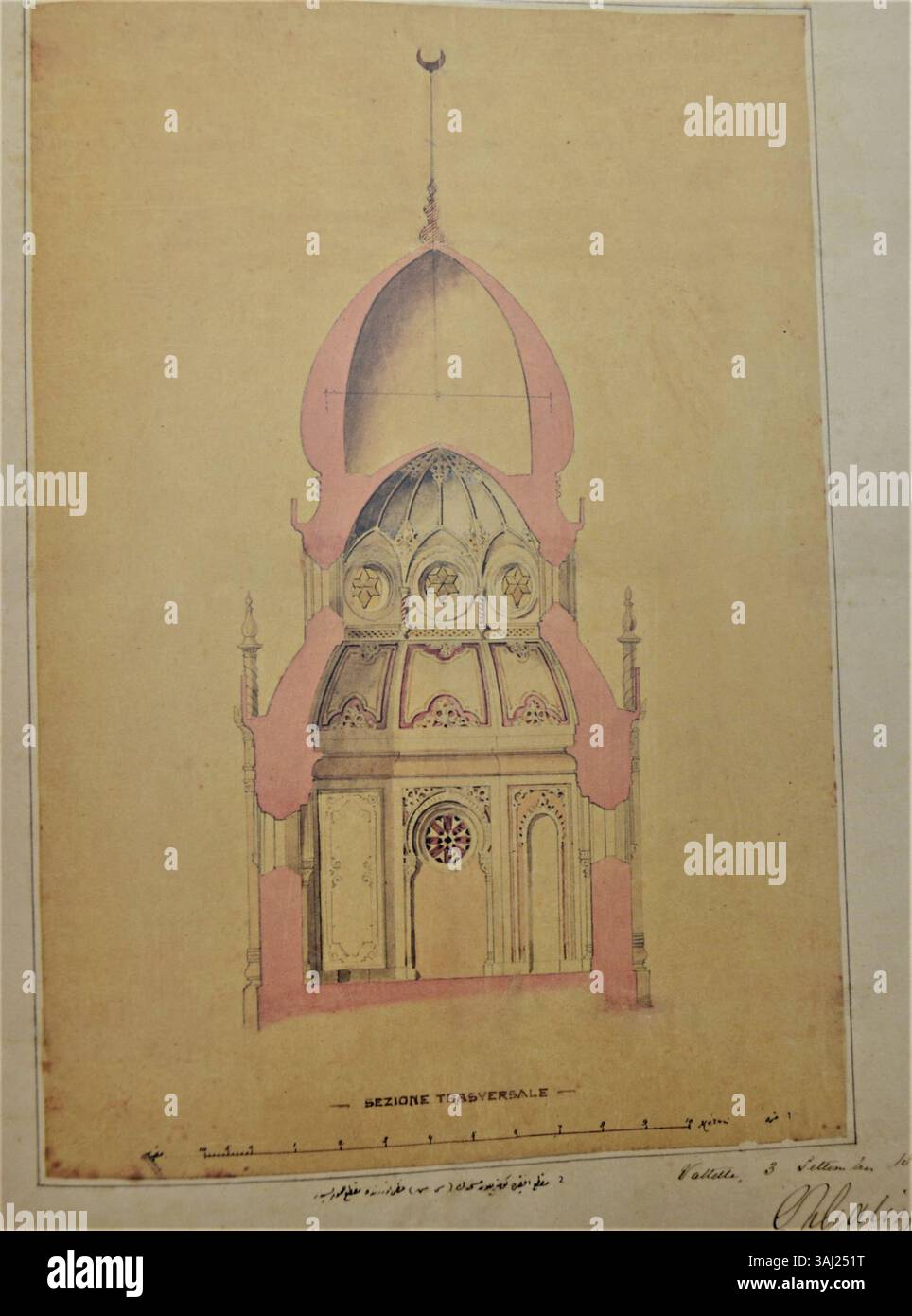 Ein Architekturprojekt von Emanuele Luigi Galizia aus dem Jahr 1884 für eine Moschee und einen muslimischen Friedhof in Malta, Teil der osmanischen Architekturpläne, herausgegeben von Ahmet Vefa Cobanolu. Stockfoto