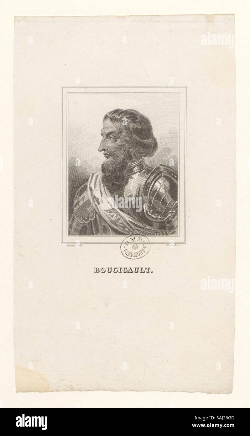 Tiefdruck aus der Sammlung Boyer mit Jean Le Maingre, bekannt als Boucicaut, mit einem Porträt von Achille Devéria, einem französischen Künstler, der für sein historisches und Porträtwerk im 19. Jahrhundert bekannt ist. Stockfoto