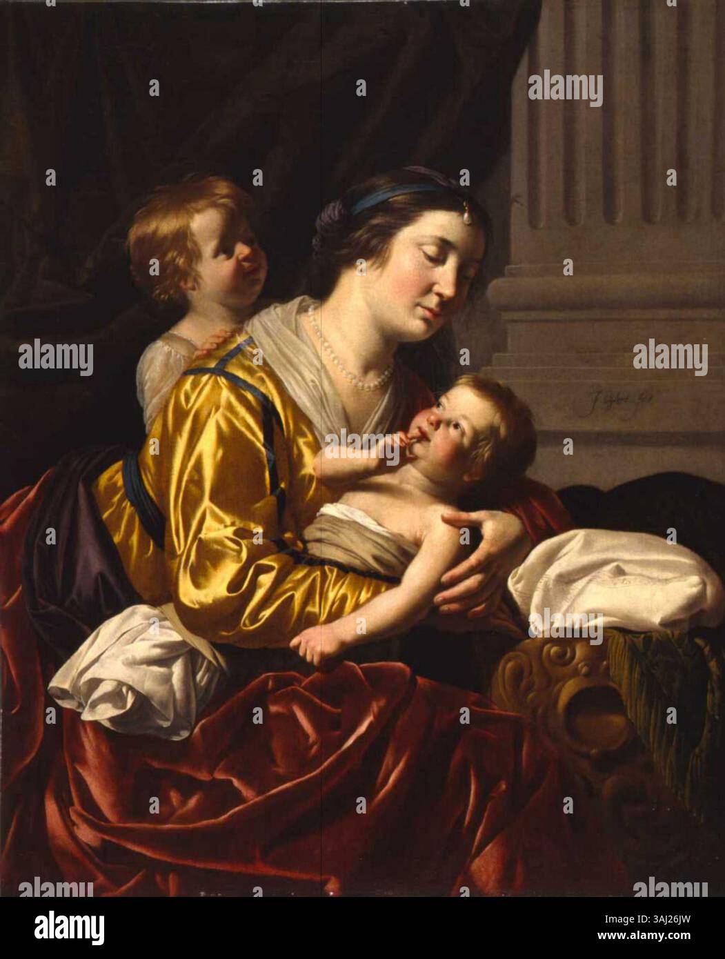 „Frau und Kinder“ (auch „Allegorie der Liebe“ genannt) von Jan van Bijlert, gemalt zwischen 1630 und 1671, zeigt eine zarte Szene, die Liebe und Liebe symbolisiert. Das Kunstwerk Öl auf Leinwand betont familiäre Beziehungen und die Wärme der Zuneigung, wobei die Unterschrift des Künstlers unleserlich wird. Stockfoto