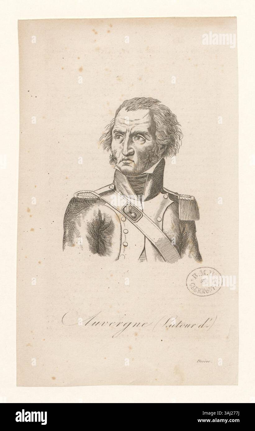 Ein Tiefdruck von Théo Corret von Latour d’Auvergne, einer prominenten Figur, die mit der Region Auvergne assoziiert ist. Das Bild repräsentiert seine bedeutende Rolle in der französischen Militärgeschichte, insbesondere in der Zeit der Französischen Revolution. Stockfoto