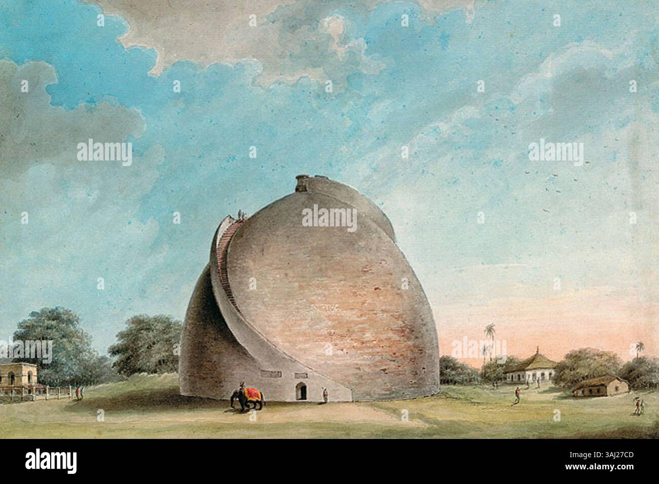 Dieses Aquarell von Sita RAM aus dem Jahr 1814 zeigt den Großen Gola oder Kornspeicher auf dem Maidan in Bankipore in Patna, Indien. Die Gola wurde 1786 gebaut und wurde unter britischer Herrschaft zu einer bedeutenden Lagerstätte für Getreide. Stockfoto