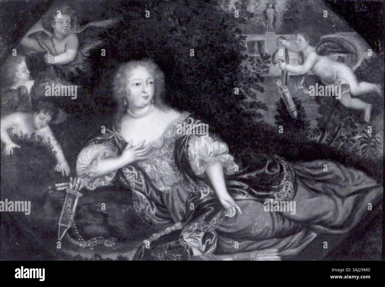 Dieses Porträt aus dem 18. Jahrhundert, oft falsch als Marie Antoinette bezeichnet, zeigt eine Frau, die auf einer Wiese liegt und von Cherubs umgeben ist. Es ist ein Beispiel für Rokoko-Kunst, die die Eleganz und Schönheit der französischen Aristokratie unterstreicht. Stockfoto