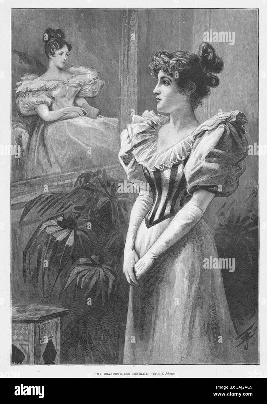 Diese Illustration von Alf J. Johnson aus dem Jahr 1893 mit dem Titel „My Oma's Portrait“ wurde in den Illustrated Sporting and Dramatic News veröffentlicht und zeigt eine nostalgische und sentimentale Familienszene. Stockfoto