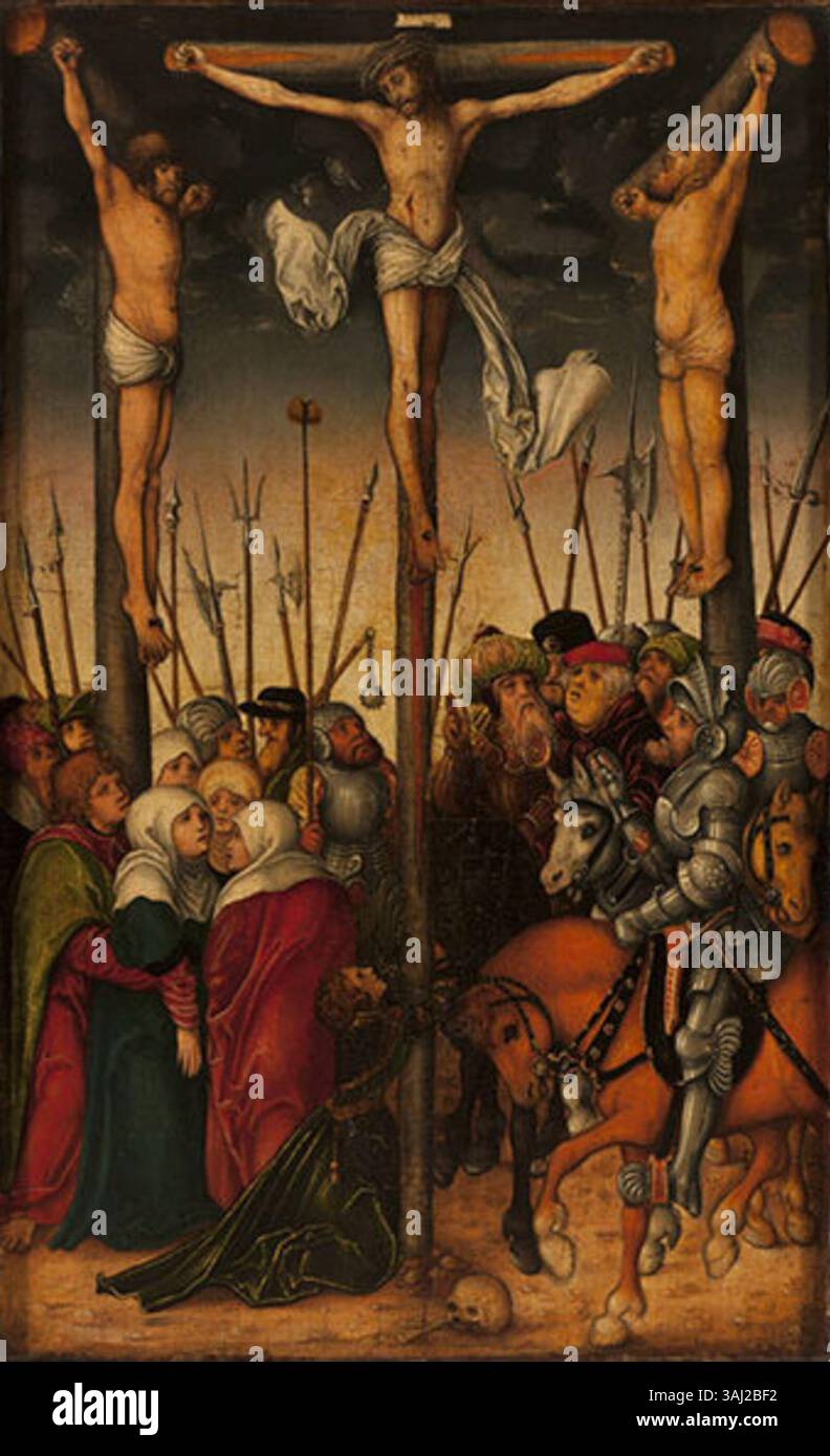Eine zugeschnittene Ansicht des Kreuzigungsgemäldes von Lucas Cranach dem Älteren aus der Zeit um 1520, das das Gebet im Garten und die Auferstehung beinhaltet. Dieses Stück ist ein bemerkenswertes Beispiel religiöser Kunst während der Reformation. Stockfoto