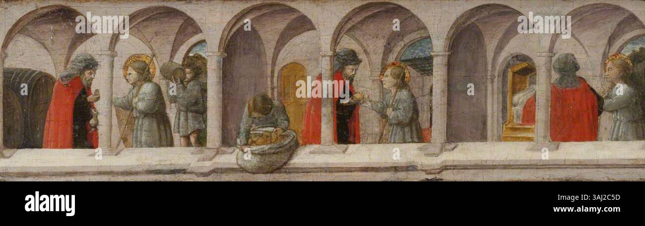 Dieses religiöse Gemälde von einem Anhänger von Filippo Lippi zeigt die drei Akte der Liebe. Das zwischen 1430 und 1499 gemalte Öl auf Pappeltafel veranschaulicht christliche Tugenden in einem biblischen Kontext. Stockfoto