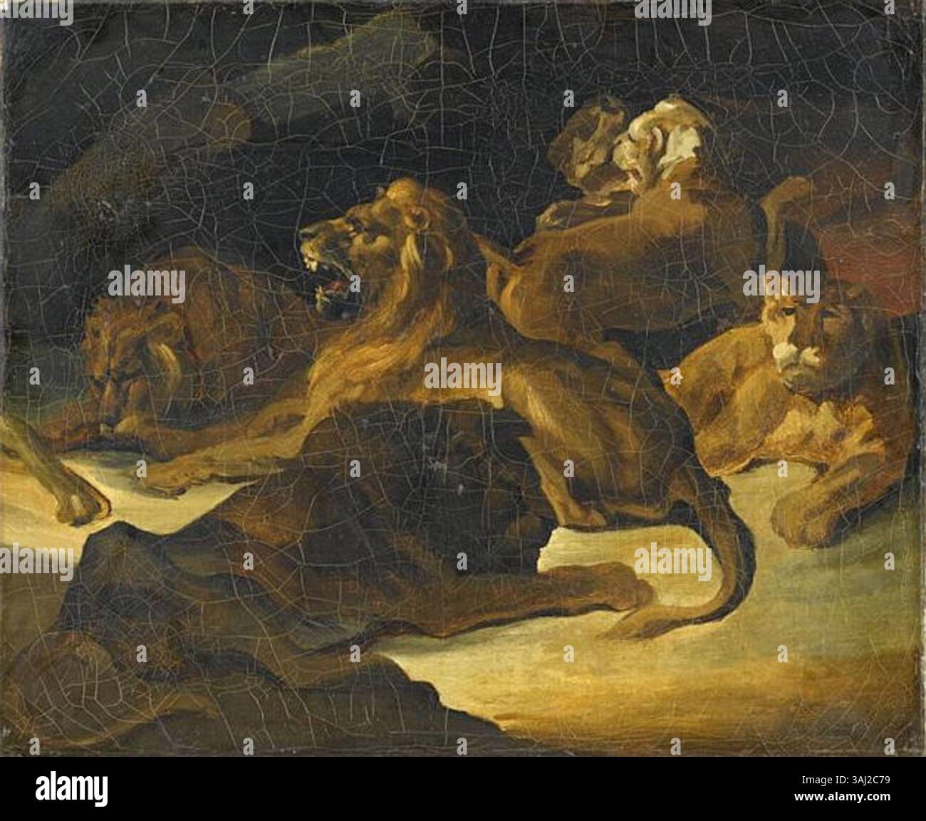 Dieses Gemälde von Théodore Géricault aus dem 19. Jahrhundert mit dem Titel „Lions Couchés“ zeigt ein Paar liegender Löwen. Das Kunstwerk ist eine Studie über die Anatomie und Form der Tiere und zeigt Géricaults Fähigkeiten in der Darstellung von Wildtieren. Stockfoto