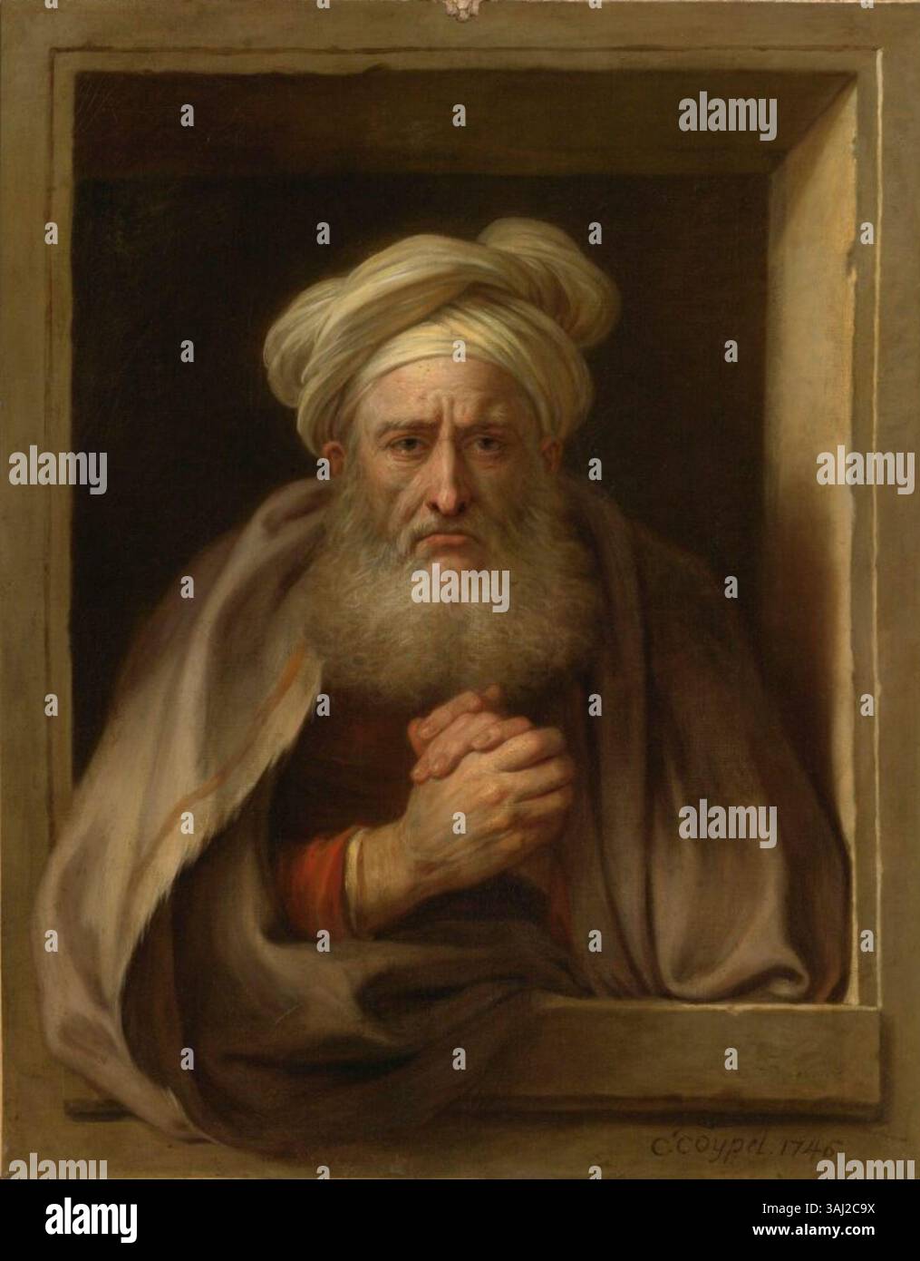 Ein Gemälde von Charles-Antoine Coypel aus dem Jahr 1746 mit dem Titel *der schmerzvolle Heraklitus*, das den antiken griechischen Philosophen Heraklitus in trauriger Stimmung zeigt. Dieses Öl-auf-Leinwand-Werk unterstreicht die melancholische Sichtweise des Philosophen auf das Leben. Stockfoto