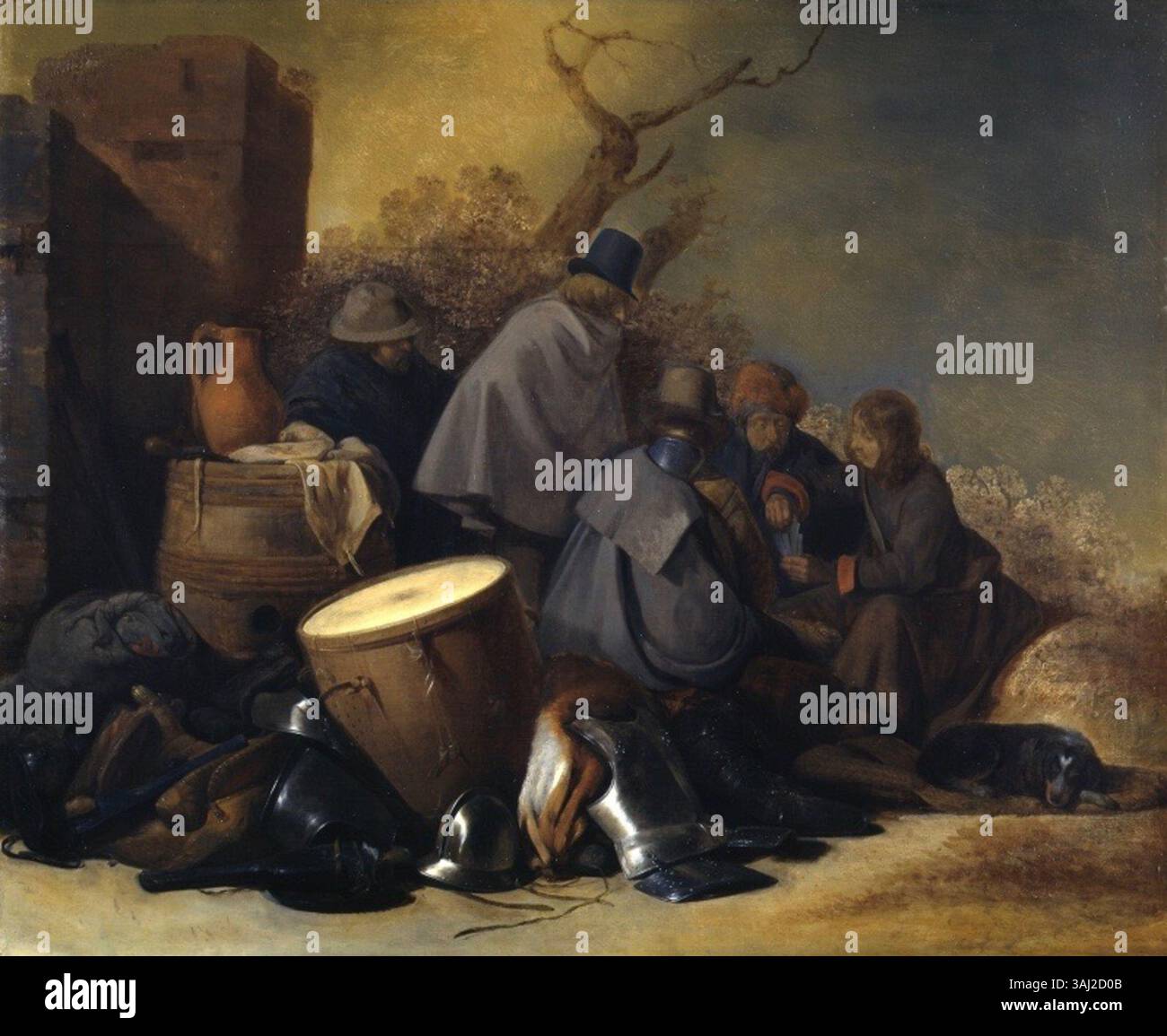 Gerard ter Borchs Gemälde „Card-playing Soldiers“ aus dem Jahr 1645 fängt Soldaten ein, die in einem Kartenspiel verwickelt sind. Das Öl auf Leinwand konzentriert sich auf den intimen, alltäglichen Moment während des Goldenen Zeitalters der Niederlande im 17. Jahrhundert und betont die Ruhe vor dem Hintergrund des Krieges. Stockfoto