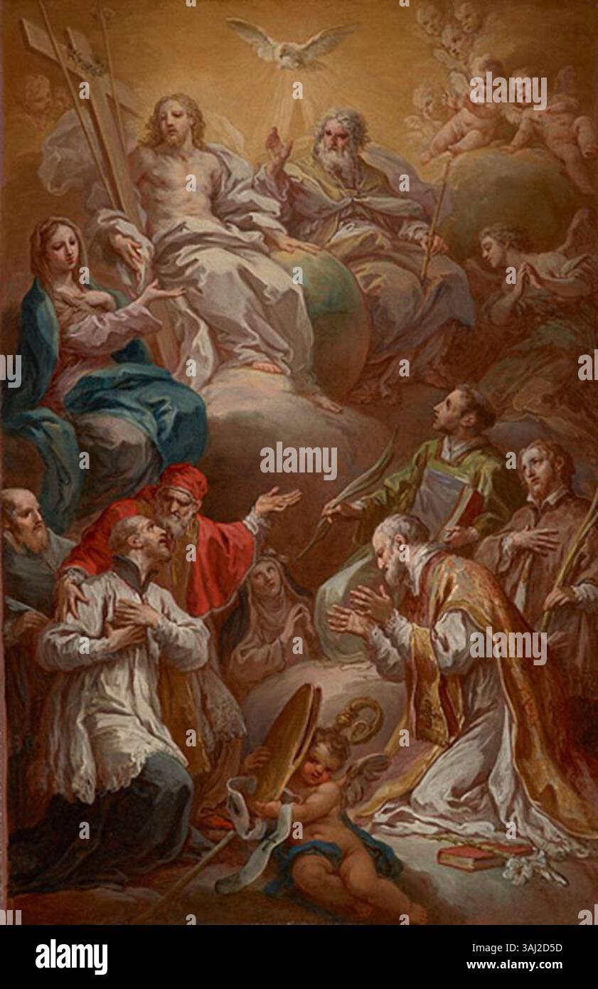 Sebastiano Concas Öl-auf-Leinwand-Gemälde (1740–1742) zeigt die Jungfrau Maria, die Heilige Dreifaltigkeit empfiehlt, eine religiöse Szene. Dieses Kunstwerk befindet sich in den National Galeries of Scotland. Stockfoto