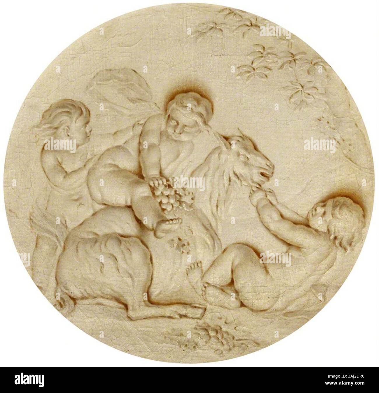 Dieses Gemälde zeigt Putten mit einer Ziege, die das Thema des Herbstes verkörpert. Das Öl auf der Tafelplatte stammt aus dem späten 18. Jahrhundert. Stockfoto