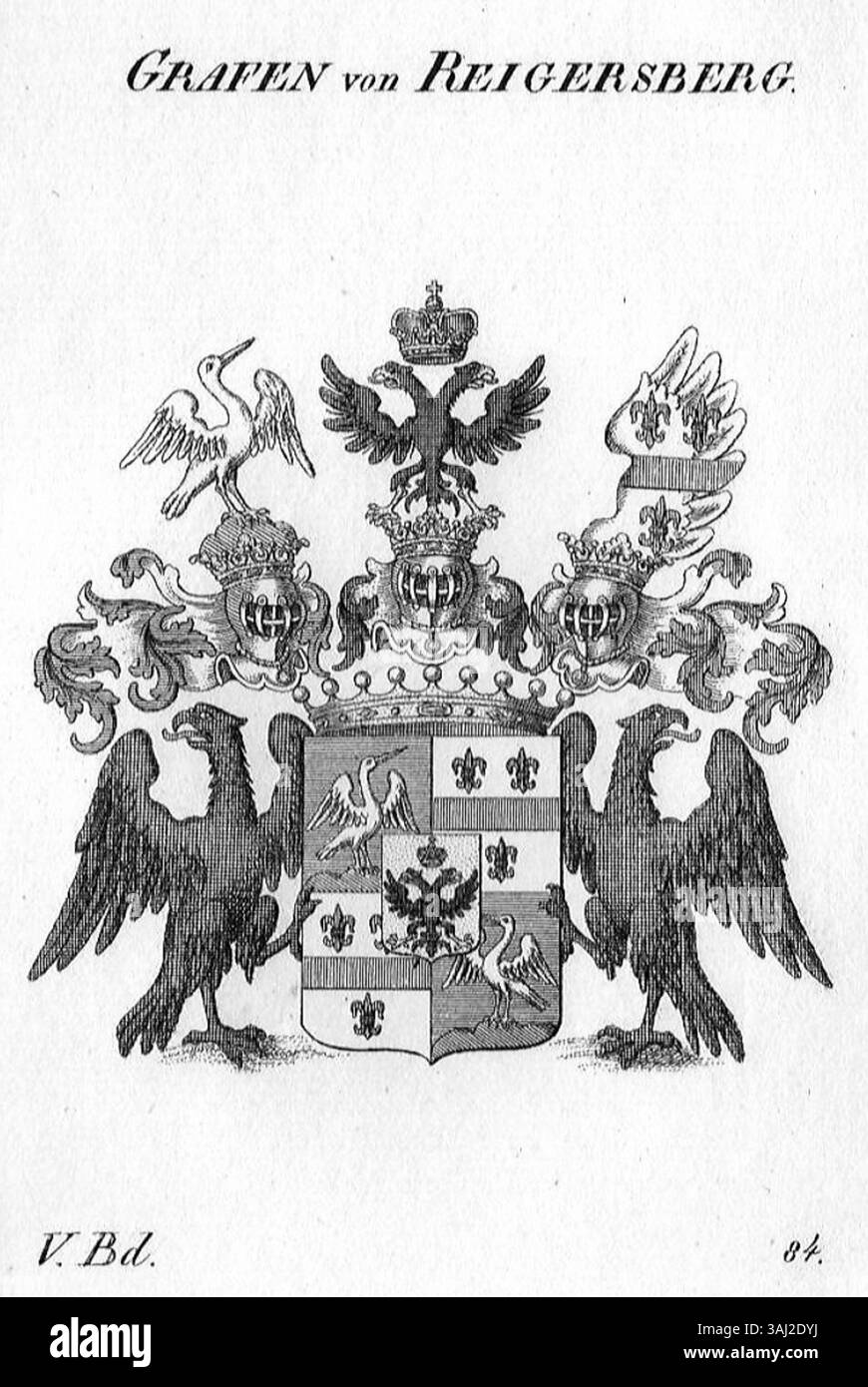 Dieser Stich von Konrad Tyroff aus dem Jahr 1822 zeigt das Wappen der Grafen von Reigersberg und symbolisiert das heraldische Erbe und die Identität der Adelsfamilie. Stockfoto