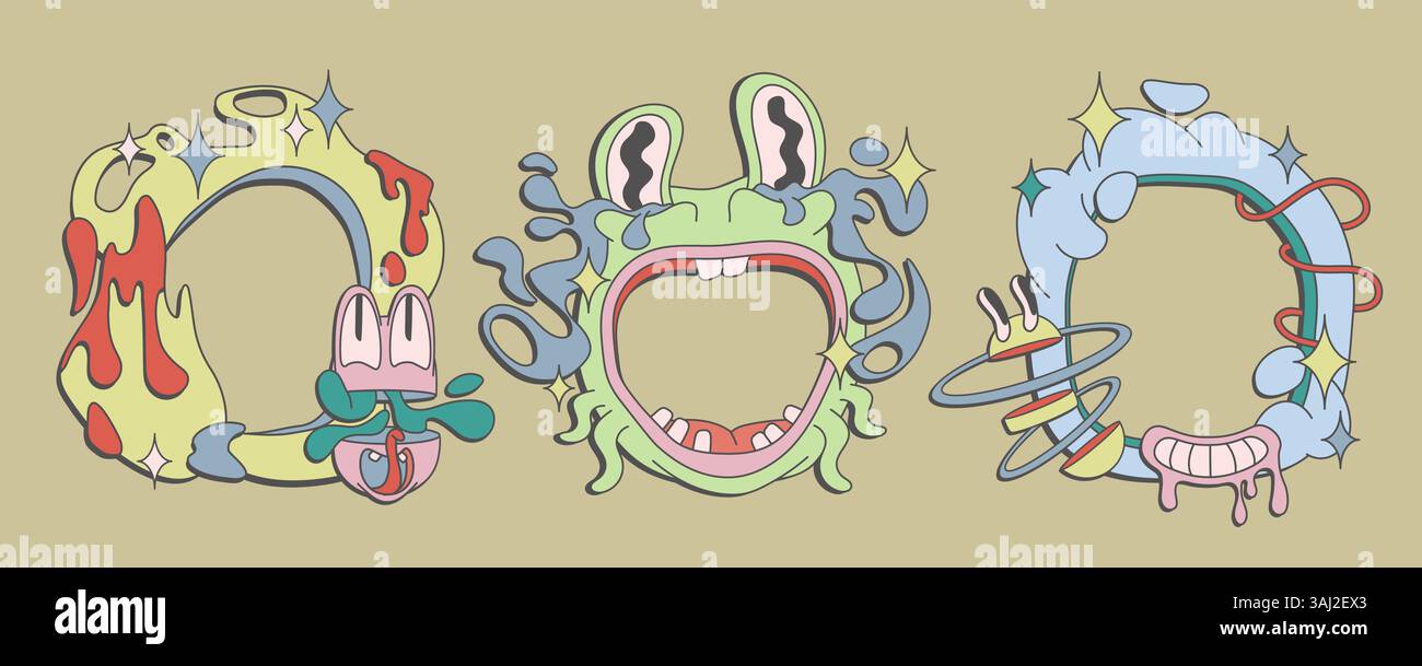 Psychedelisches Rahmenset aus den 70er Jahren – bizarre, funkige Monstergrenzen, surreal-groovige Kreaturen-Illustrationen. Trippige Alien-Hippie-Charaktere bilden dekorative runde Kompositionen. Farbenfrohe, skurrile Doodle-Elemente. Stock Vektor