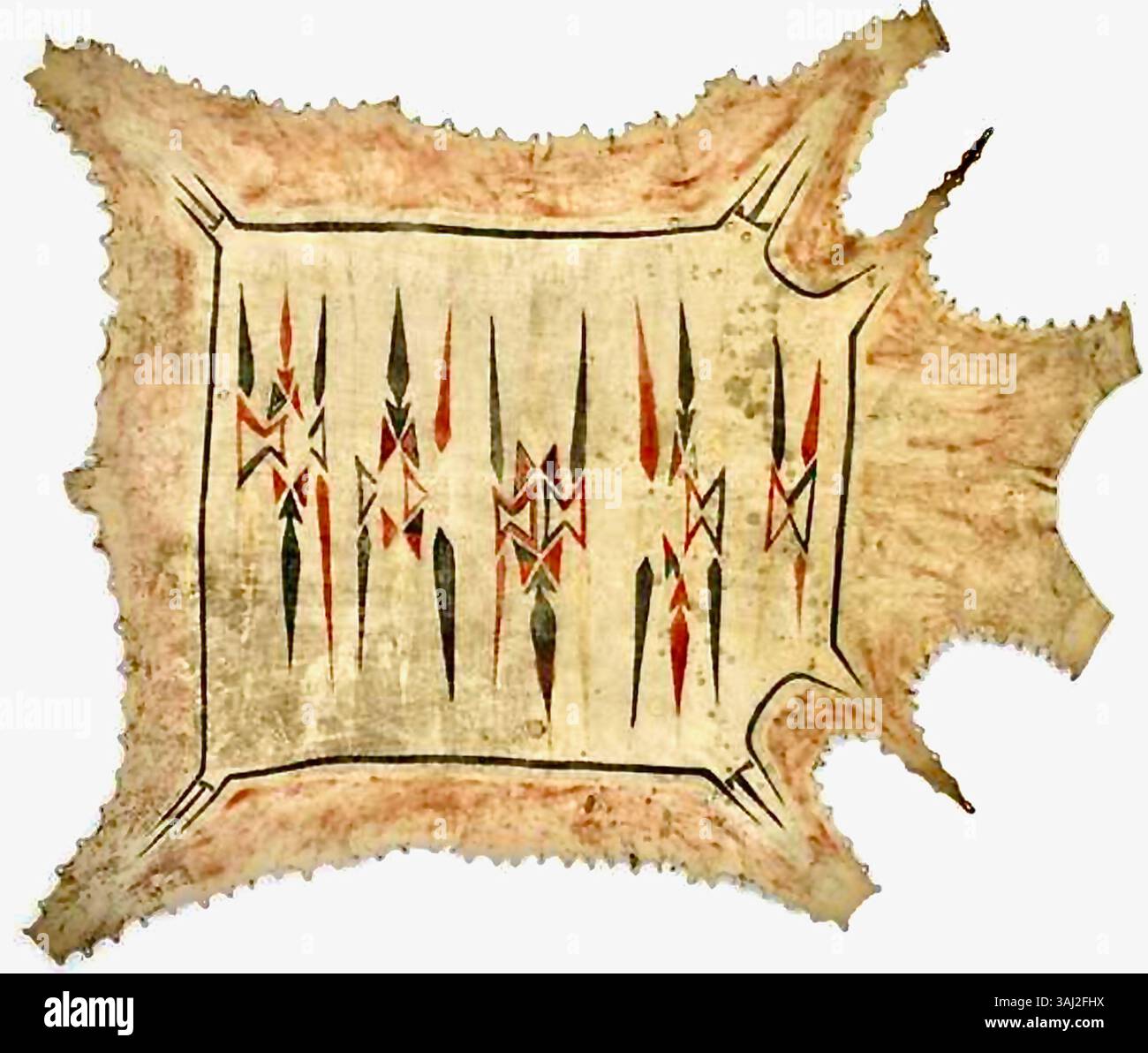 Dieses vor 1800 entstandene, gemalte Häubchen aus der Illinois Confederacy zeigt geometrische Motive. Die aus Hirschhaut und Pigmenten gefertigte Felle ist ein wichtiges Artefakt aus den Eastern Woodlands Nordamerikas, das die indigene Kunst und kulturelle Bedeutung widerspiegelt. Stockfoto