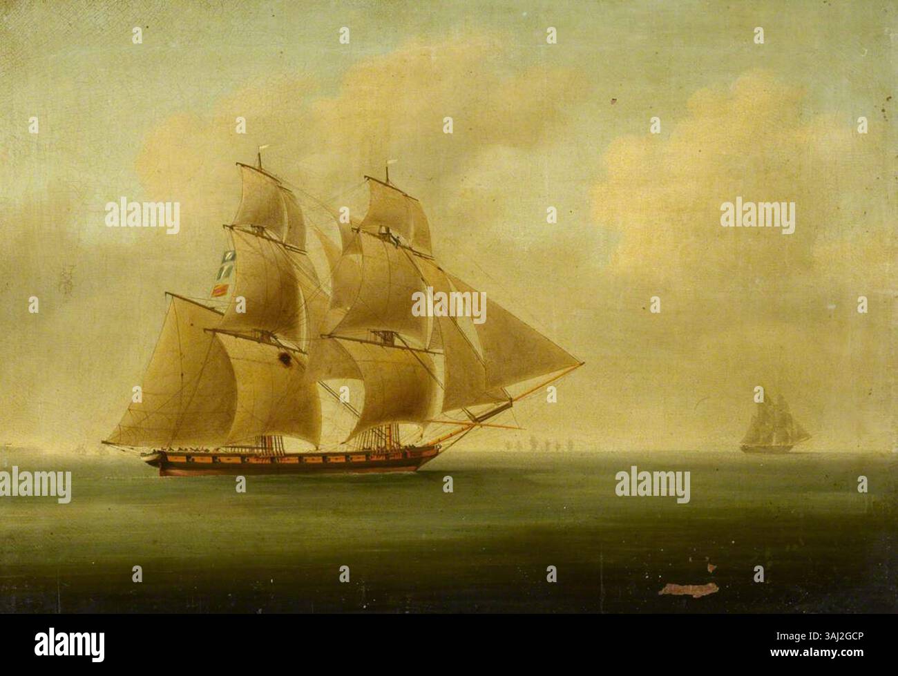 A Brig Signalling ist ein anonymes Gemälde der British School aus der Zeit um 1810. Es zeigt ein brigantinisches Schiff, das in einer maritimen Szene signalisiert. Das Gemälde zeigt die Kommunikationsmethoden, die von Schiffen im frühen 19. Jahrhundert verwendet wurden. Stockfoto