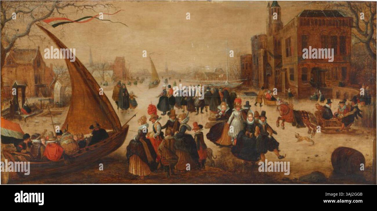 Diese Winterlandschaft von Adam van Breen zeigt elegant gekleidete Figuren, die auf einem gefrorenen Fluss mit einer Eisjacht laufen. Das Gemälde fängt die lebhafte Winteraktivität im Europa des frühen 17. Jahrhunderts ein. Stockfoto