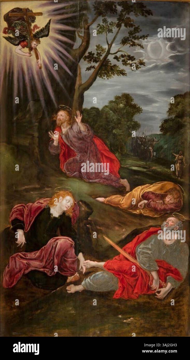 „Gebet im Garten“ von Jakub Mertens, gemalt um 1600, zeigt Jesus im Garten Gethsemane vor seiner Verhaftung. Das Ölgemälde befindet sich in der Basilika der Himmelfahrt der Jungfrau Maria in Kraków, Polen, und spiegelt Mertens’ detaillierten, hingebungsvollen Stil wider, der von flämischen und polnischen Kunsttraditionen beeinflusst wurde. Stockfoto