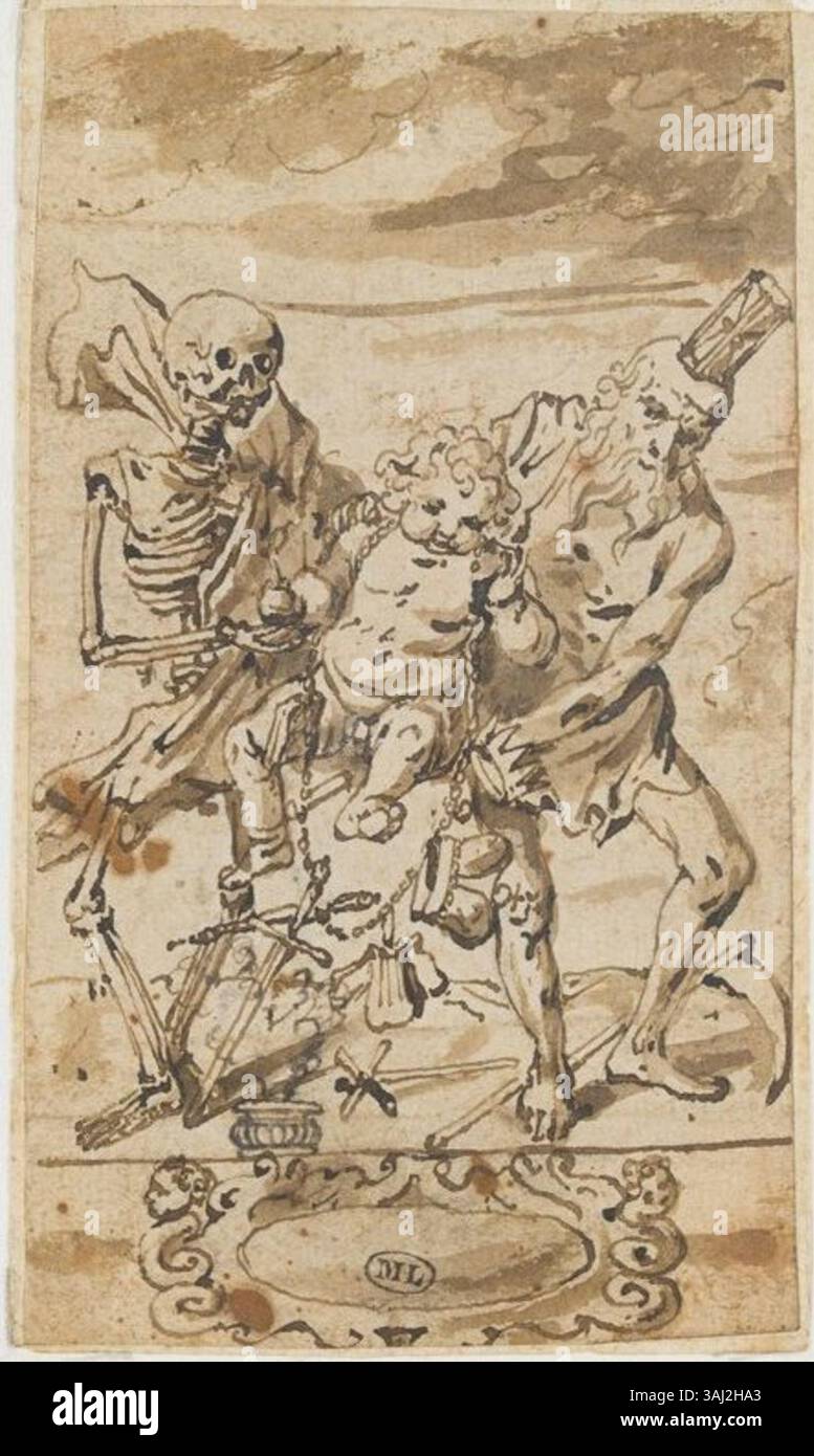 David Ryckaert III' Zeichnung „Vanitas“ erforscht die flüchtige Natur des Lebens und reflektiert die Sterblichkeit durch eine Kombination aus Stiftzeichnung und brauner Tinte. Es wurde zwischen 1630 und 1660 geschaffen und erinnert an die Fragilität des Lebens, ein gemeinsames Thema in der Vanitas-Kunst. Stockfoto