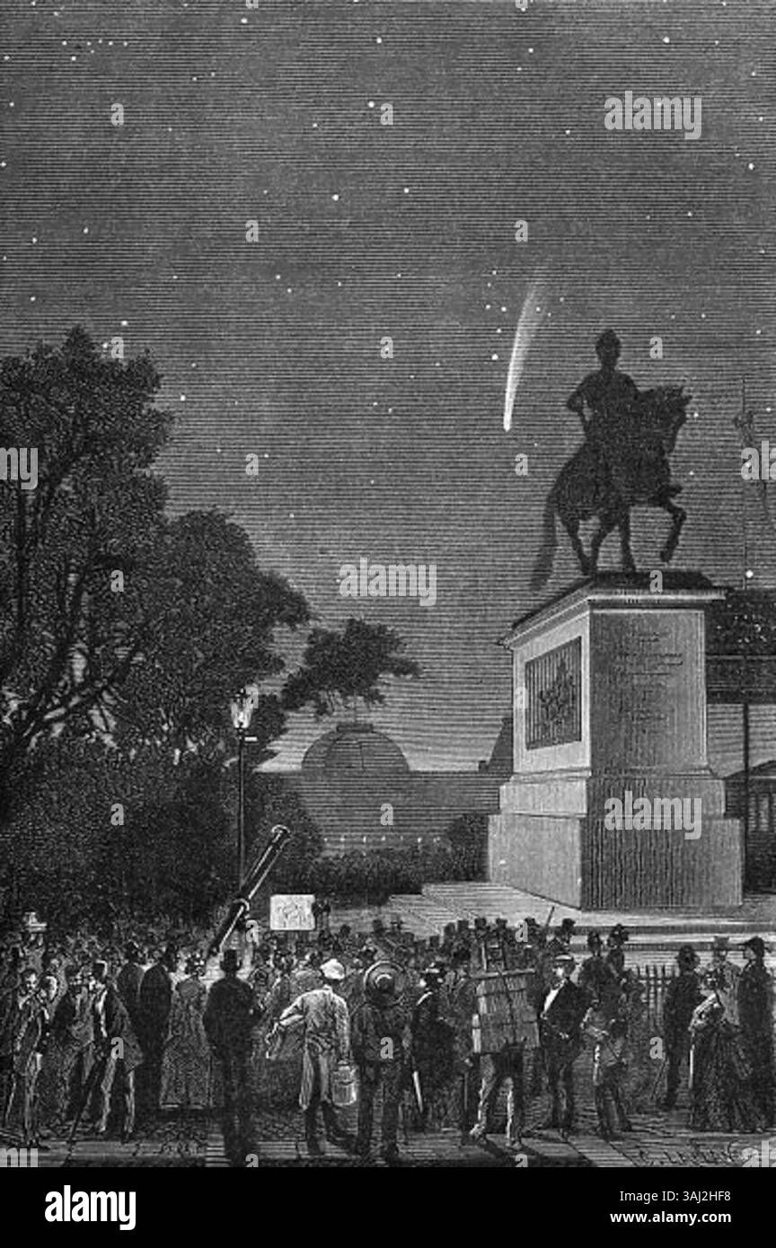 Eine Darstellung des Coggia-Kometen, beobachtet 1874 aus dem berühmten Pont Neuf in Paris. Dieses astronomische Ereignis wurde in einem Werk von Charles Laplante festgehalten, das das Erscheinen des Kometen am Nachthimmel über Paris veranschaulicht. Stockfoto