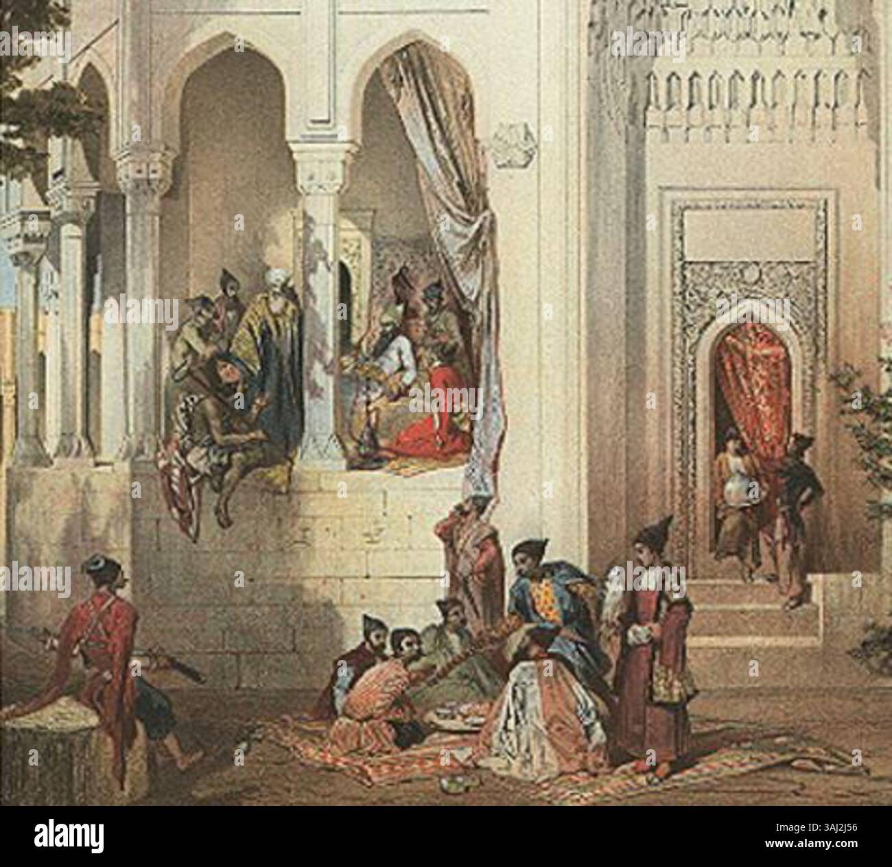 „Divanxana. Qriqori Qaqarin' von Grigori Gagarin zeigt die architektonische Schönheit eines Palastes in Baku, Aserbaidschan. Die 1847 veröffentlichte Lithografie fängt das komplizierte Design und die Pracht des Khan-Palastes in der Region ein. Das Werk ist Teil der Sammlung historischer Drucke von Gagarin. Stockfoto