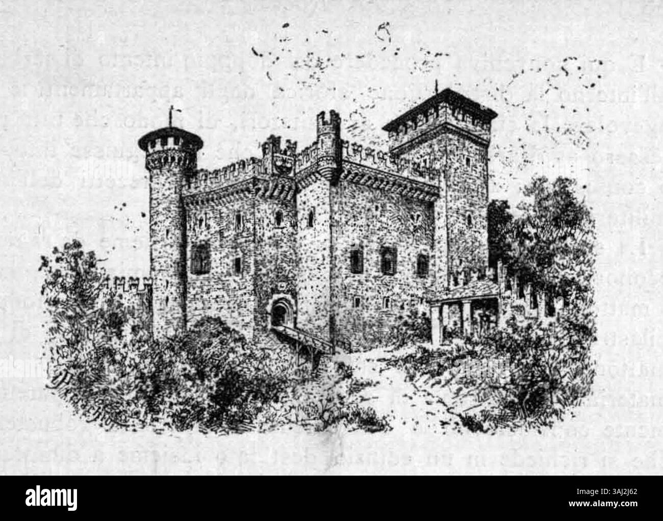 Dieses Modell für die allgemeine Ausstellung stellt einen Entwurf für die mittelalterliche Schlossstruktur dar, der möglicherweise von Persachio oder Perrachio geschaffen wurde, wie in der Unterschrift angegeben. Stockfoto