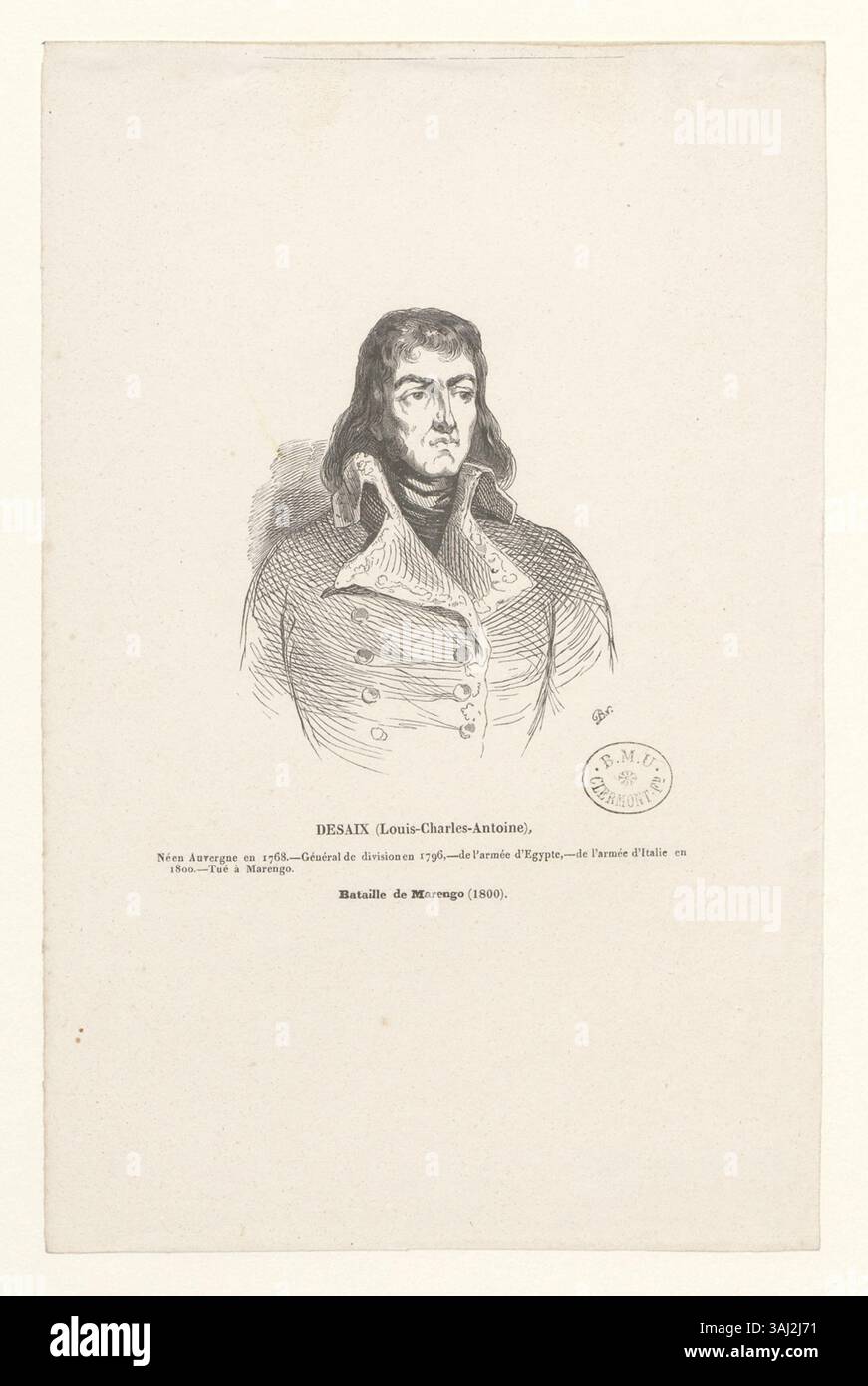 Dieser Holzstich aus der Sammlung Boyer zeigt Louis-Charles-Antoine Desaix, einen französischen General, der eine Schlüsselrolle in den Französischen Unabhängigkeitskriegen spielte und in der Schlacht von Marengo starb. Stockfoto