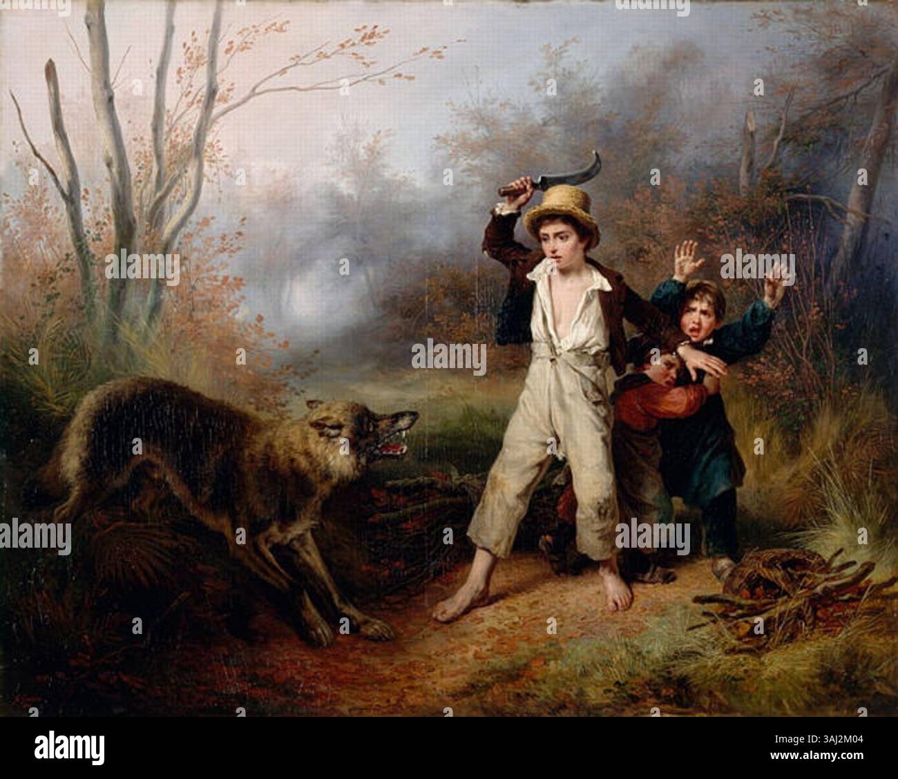 Petits Paysans überraschend par un loup ist ein Ölgemälde von Francois Grenier de Saint-Martin aus dem Jahr 1833, das im Nantes Museum of Arts ausgestellt wurde. Das Gemälde zeigt eine dramatische ländliche Szene, in der Bauern auf einen Wolf treffen. Stockfoto