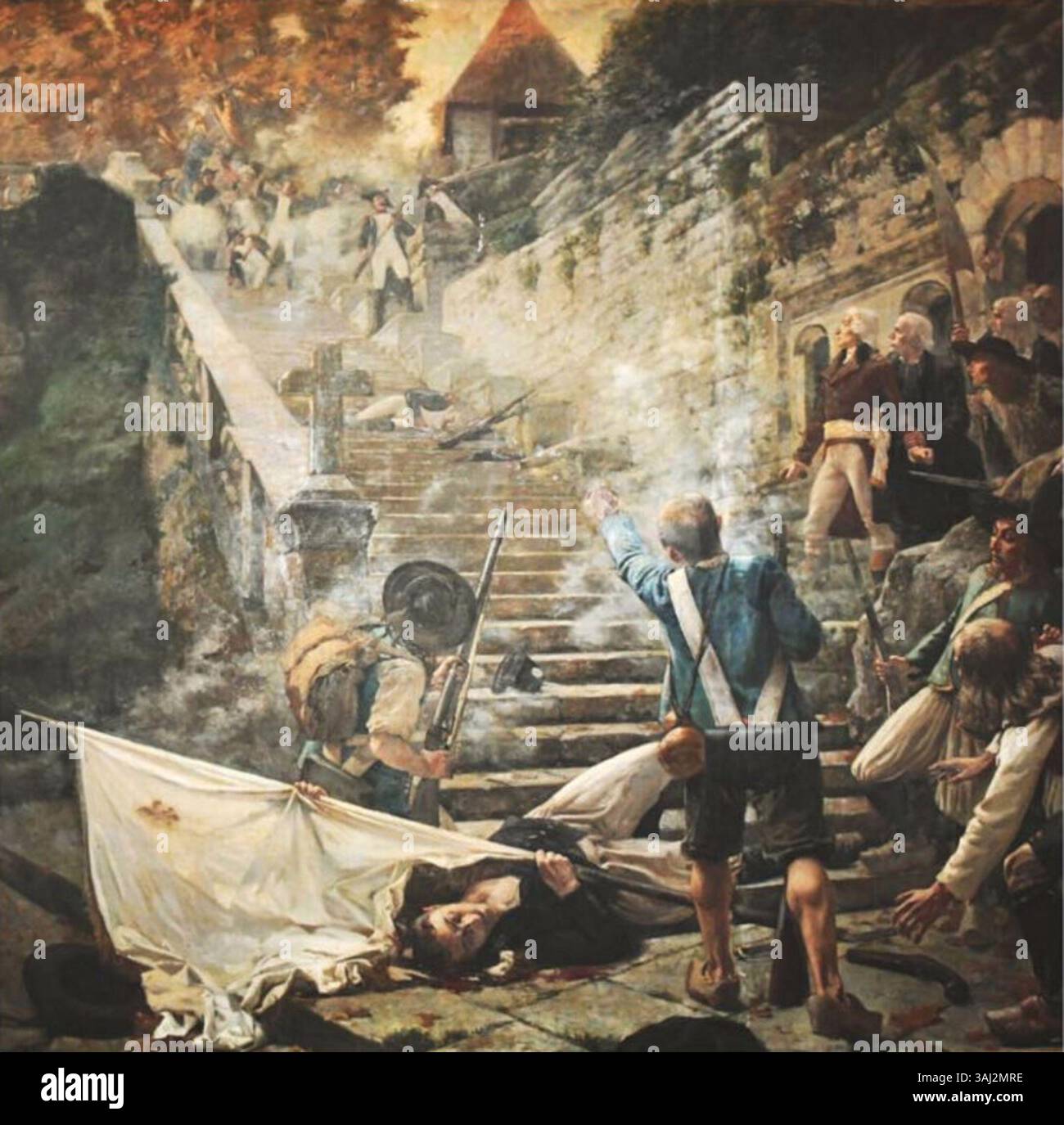 Jean-Maurice Duvals Gemälde „Les derniers Chouans devant Sainte-Barbe au Faouët“ aus dem Jahr 1905 fängt den dramatischen Moment der Chouans während des französischen Unabhängigkeitskrieges ein. Das Ölgemälde befindet sich in einer privaten Sammlung und ist für die französische historische Kunst von Bedeutung. Stockfoto