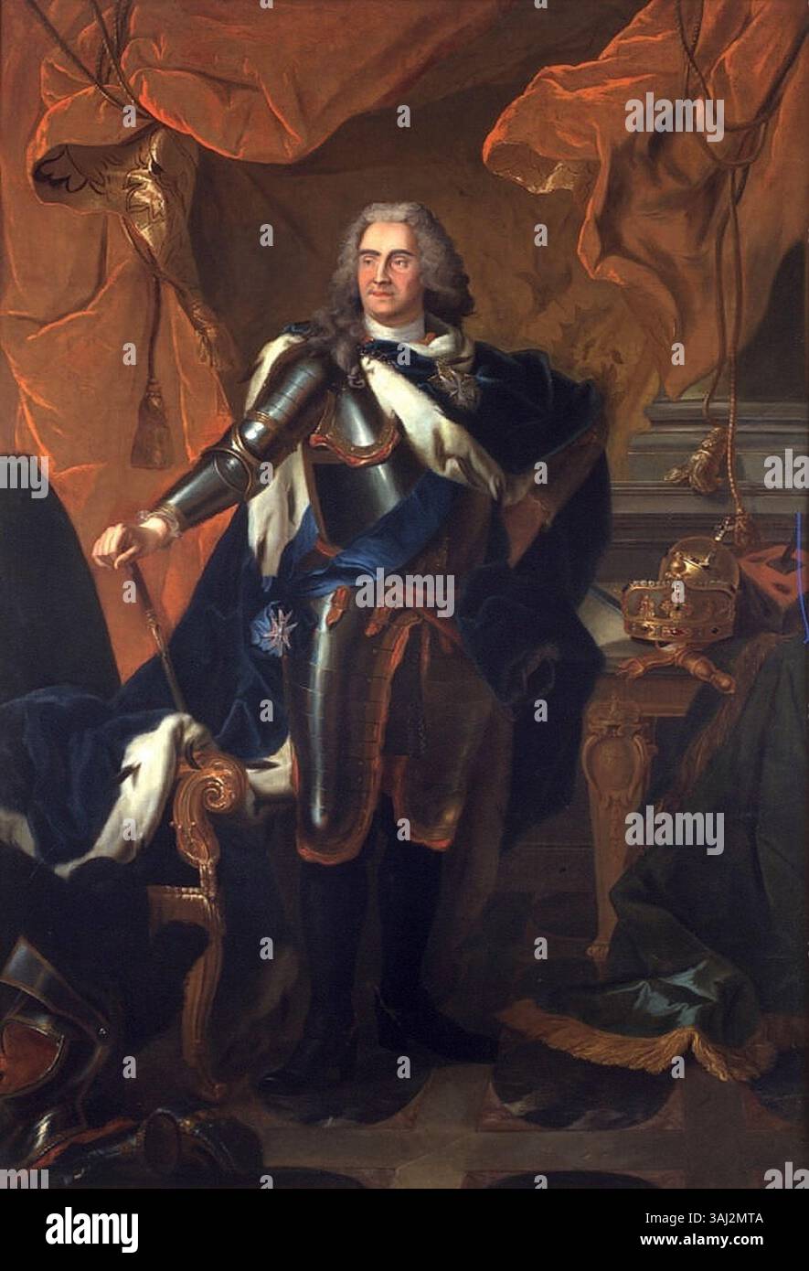 Dieses Ölporträt aus dem 18. Jahrhundert, das der Werkstatt von Louis de Silvestre zugeschrieben wird, zeigt Augustus II. Den Starken, König von Polen und Kurfürst von Sachsen. Das Porträt befindet sich im Königsschloss in Warschau und zeigt eine formale Darstellung des Monarchen in königlicher Kleidung. Stockfoto
