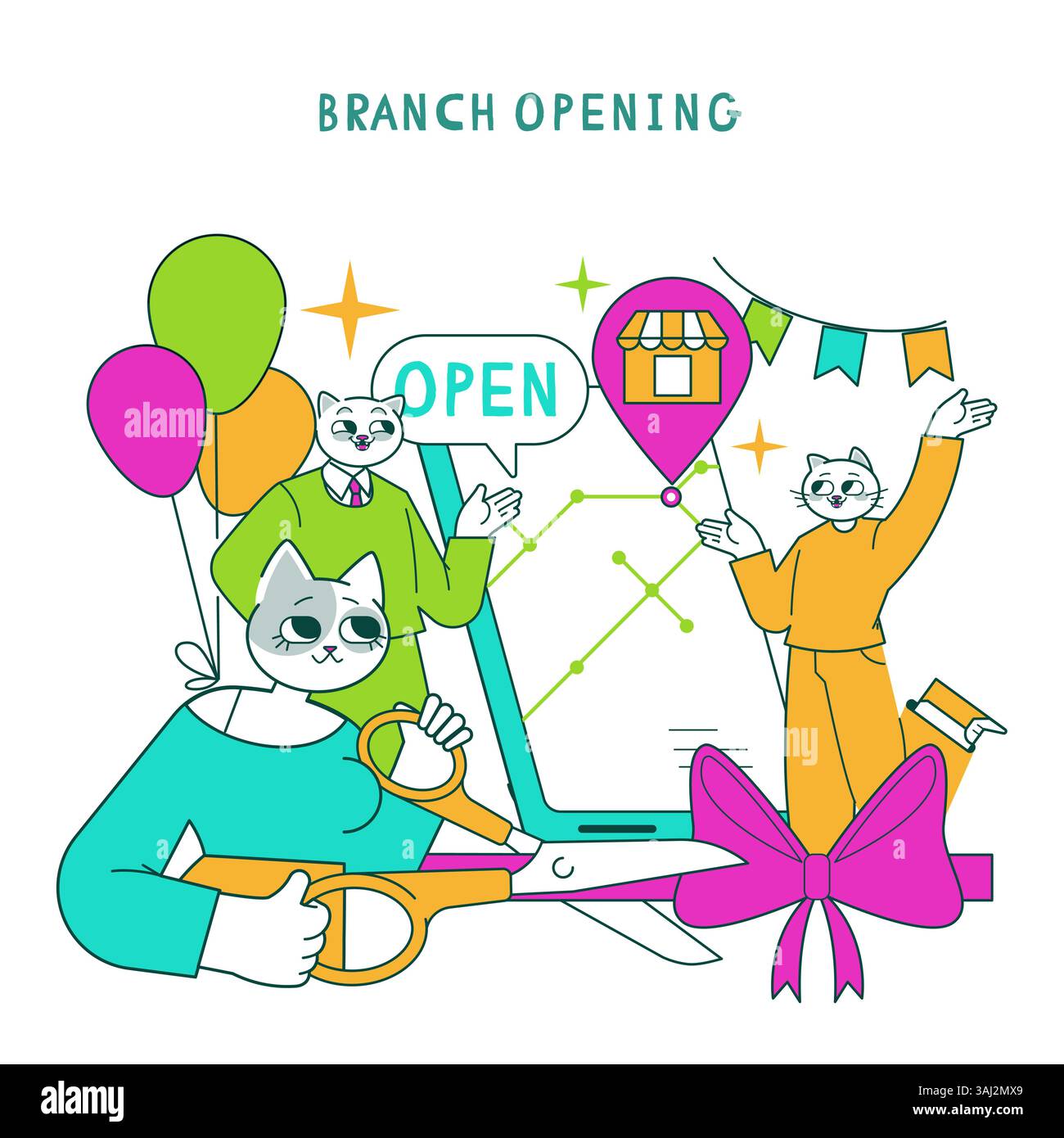 Business Cat-Konzept. Feiert die Eröffnung eines neuen Zweiges mit fröhlichen Katzenfiguren und Dekorationen. Steht für Begeisterung und Engagement in der Gemeinschaft für Unternehmenswachstum und unternehmerische Initiative. Vektorabbildung. Stock Vektor