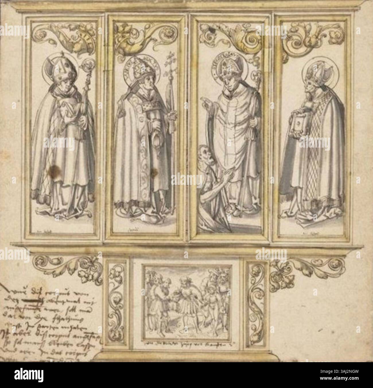 Lucas Cranach der Ältere zeichnet das letzte Abendmahl, Tusche und Waschung auf Papier, veranschaulicht das Geschick des Künstlers in biblischen Themen. Das Stück fängt einen ruhigen Moment ein und konzentriert sich auf die Ausdrucksformen und Gesten der Figuren, die typisch für die religiöse Kunst der Renaissance sind. Stockfoto