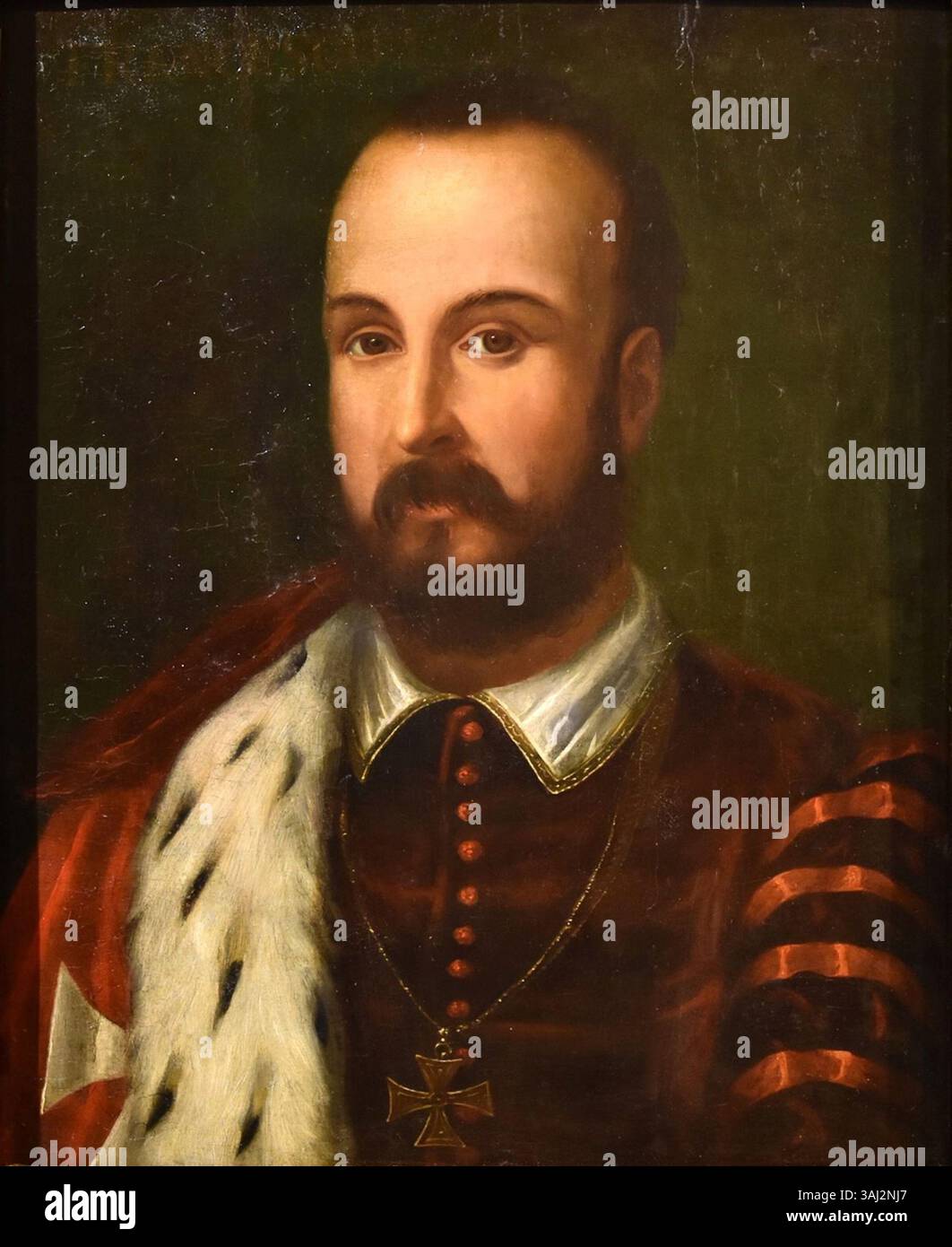 Dieses Porträt von Giovanni Maria Butteri aus dem 16. Jahrhundert zeigt Francesco i de' Medici, Großherzog der Toskana. Es wird von kritischen Studien über die historische Bedeutung von Francescos Herrschaft und seine Verbindung zu Bianca Cappello begleitet. Stockfoto