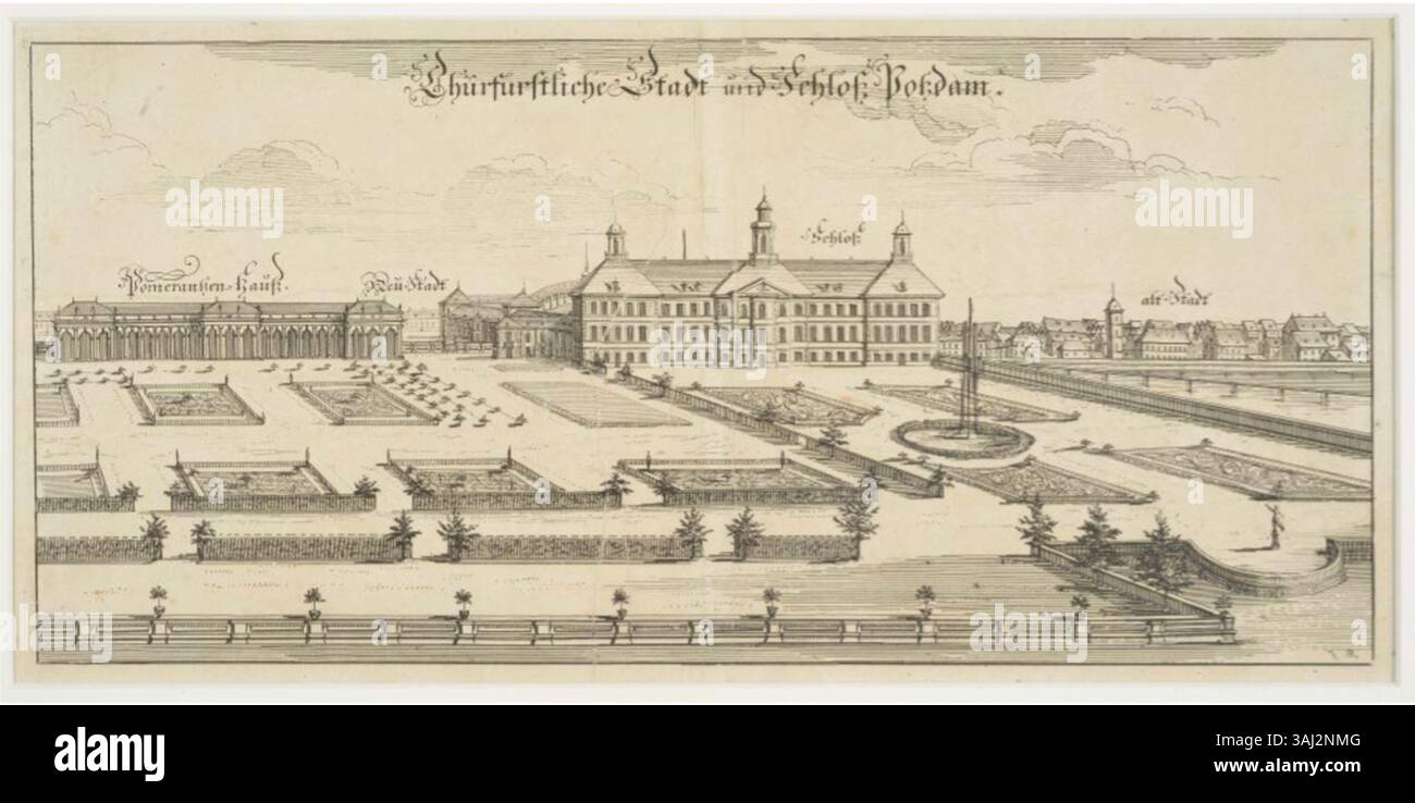 Diese Gravur von Samuel Blesendorf aus dem Jahr 1695 zeigt den Blick auf Potsdams Stadt und Königspalast, entworfen von Johann Arnold Nering und Michael Matthias Smidts. Sie zeigt die Orangerie und die mittelalterliche „alt-Stadt“, die von der Havel aus gesehen werden. Stockfoto