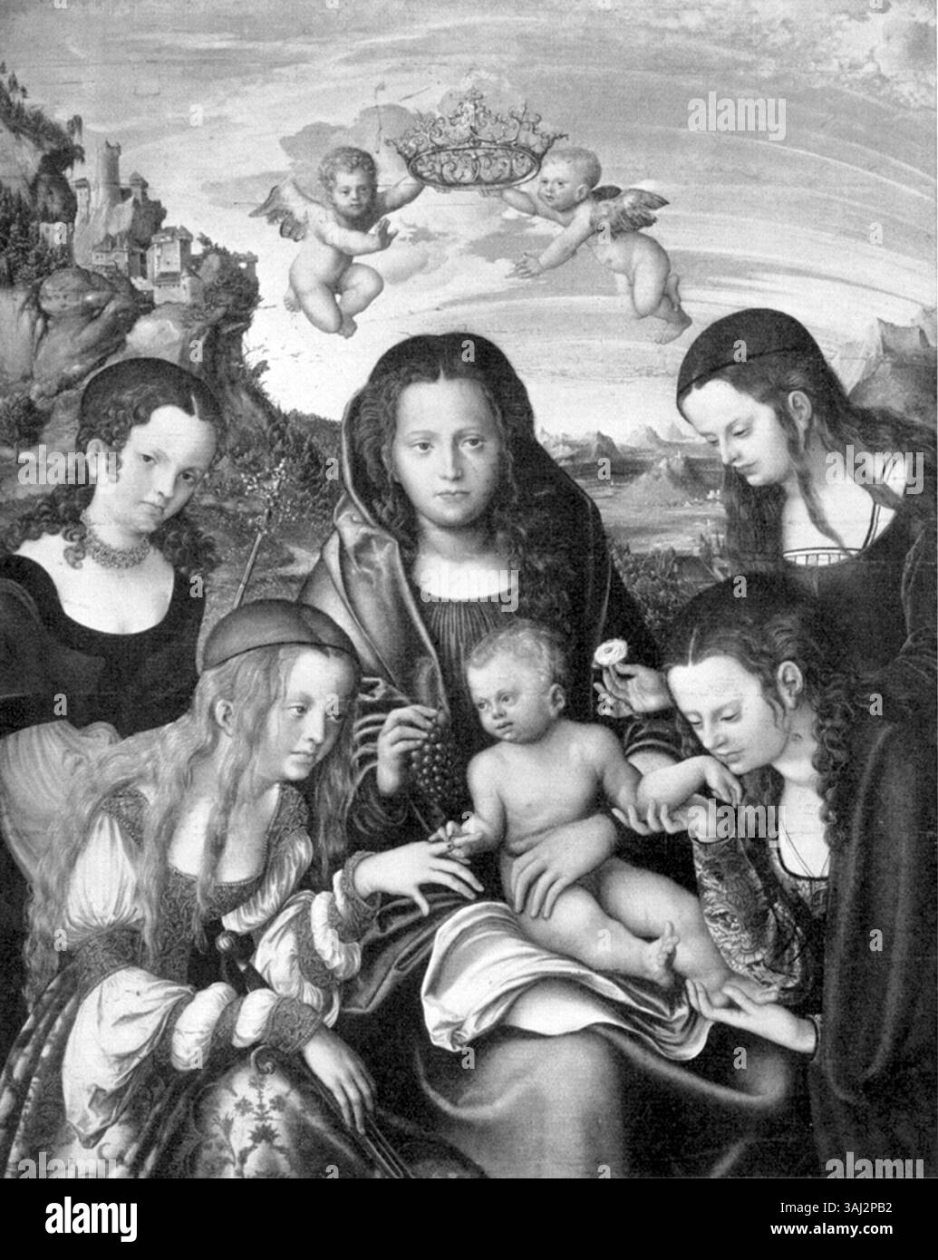 Dieses Gemälde von Lucas Cranach dem Älteren, das zwischen 1512 und 1514 entstanden ist, zeigt die Jungfrau und das Kind mit vier weiblichen Heiligen. Das Werk ging 1945 beim Berliner Brand verloren. Stockfoto