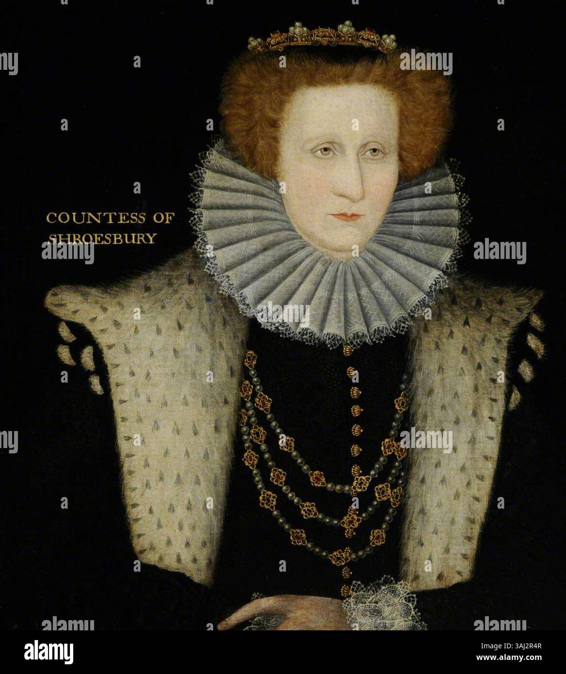 Dieses um 1580 entstandene Porträt zeigt Elizabeth Hardwick, Gräfin von Shrewsbury, bekannt als Bess of Hardwick. Es ist ein Öl auf Leinwand, das beim National Trust untergebracht ist. Stockfoto