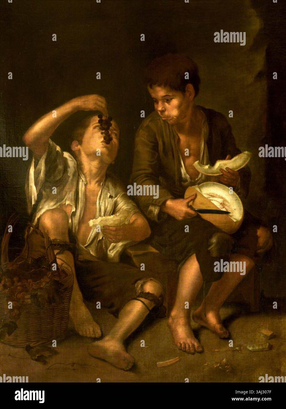 Ein Gemälde nach Bartolomé Esteban Murillo, das zwei Kinder zeigt, die Melonen und Trauben essen. Die Genre-Szene fängt die Unschuld und Einfachheit der Kindheit in einem naturalistischen Stil ein, der im 17. Jahrhundert geschaffen wurde. Stockfoto