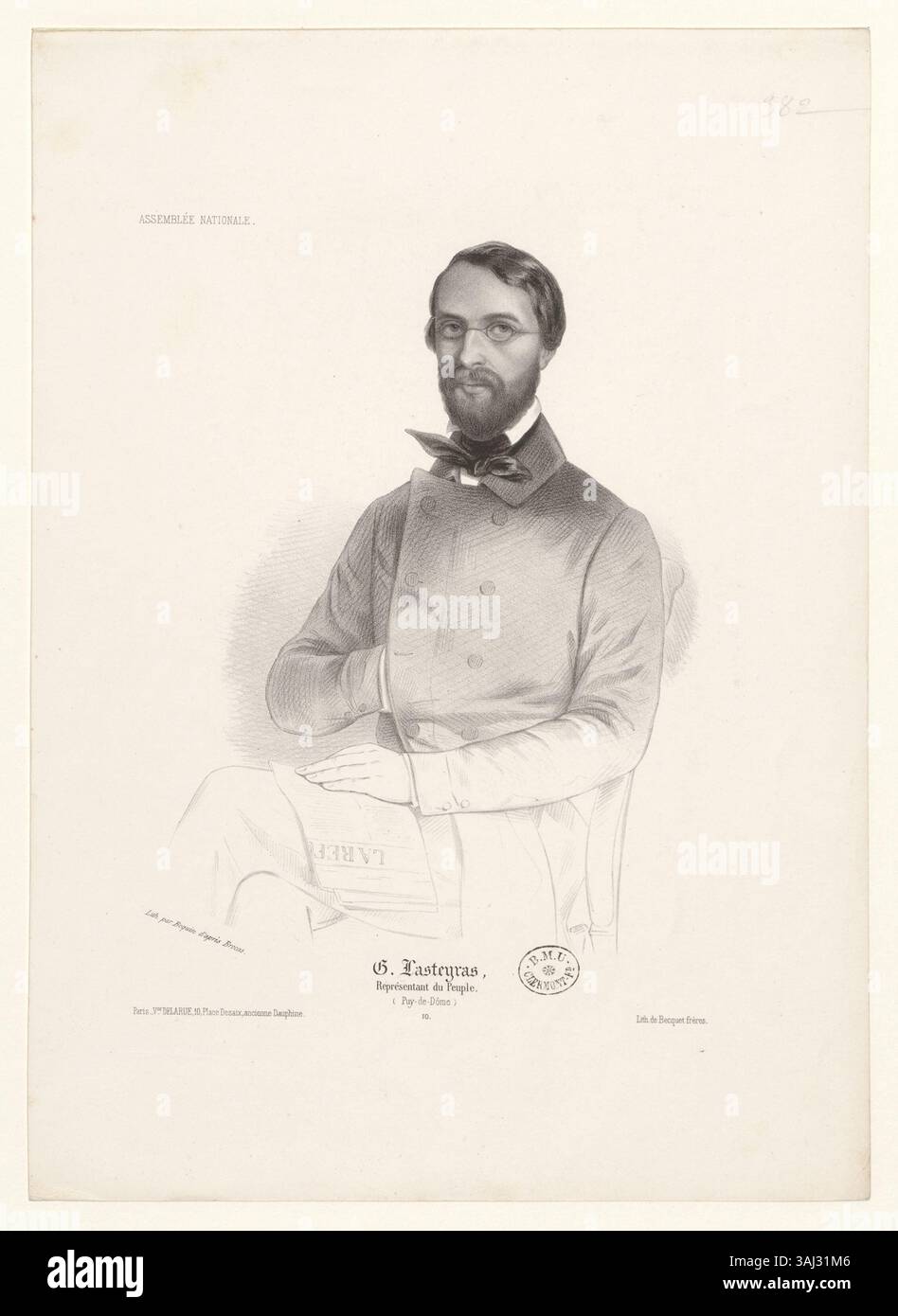 Diese Lithografie von Gervais Lasteyras, Volksvertreter aus Puy-de-Dôme, veranschaulicht seine wichtige Rolle in der französischen Politik im 19. Jahrhundert. Sein Porträt spiegelt seine Beiträge zu sozialen und politischen Reformen wider. Stockfoto